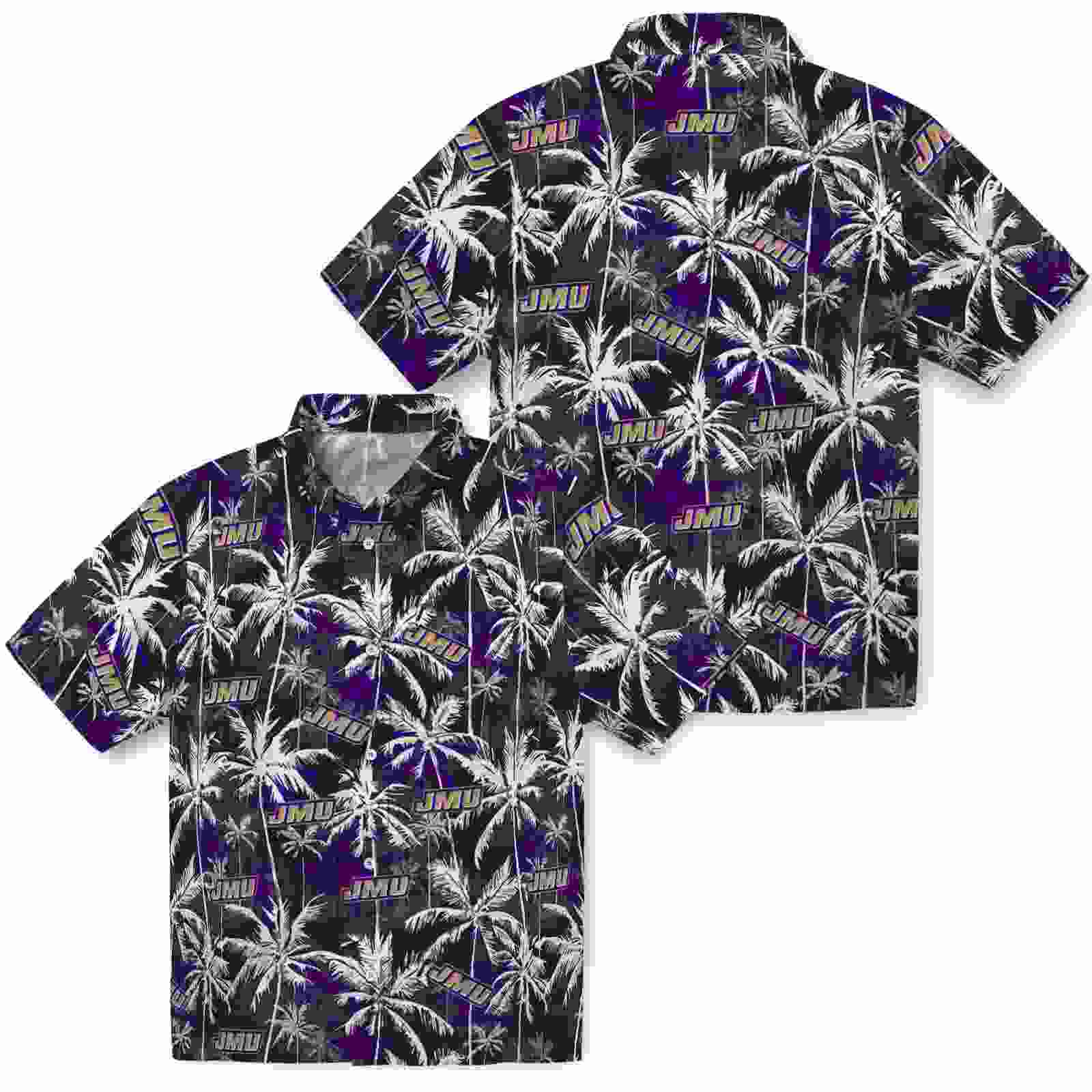 james madison dukes palm pattern purple black hawaiian shirt high quality