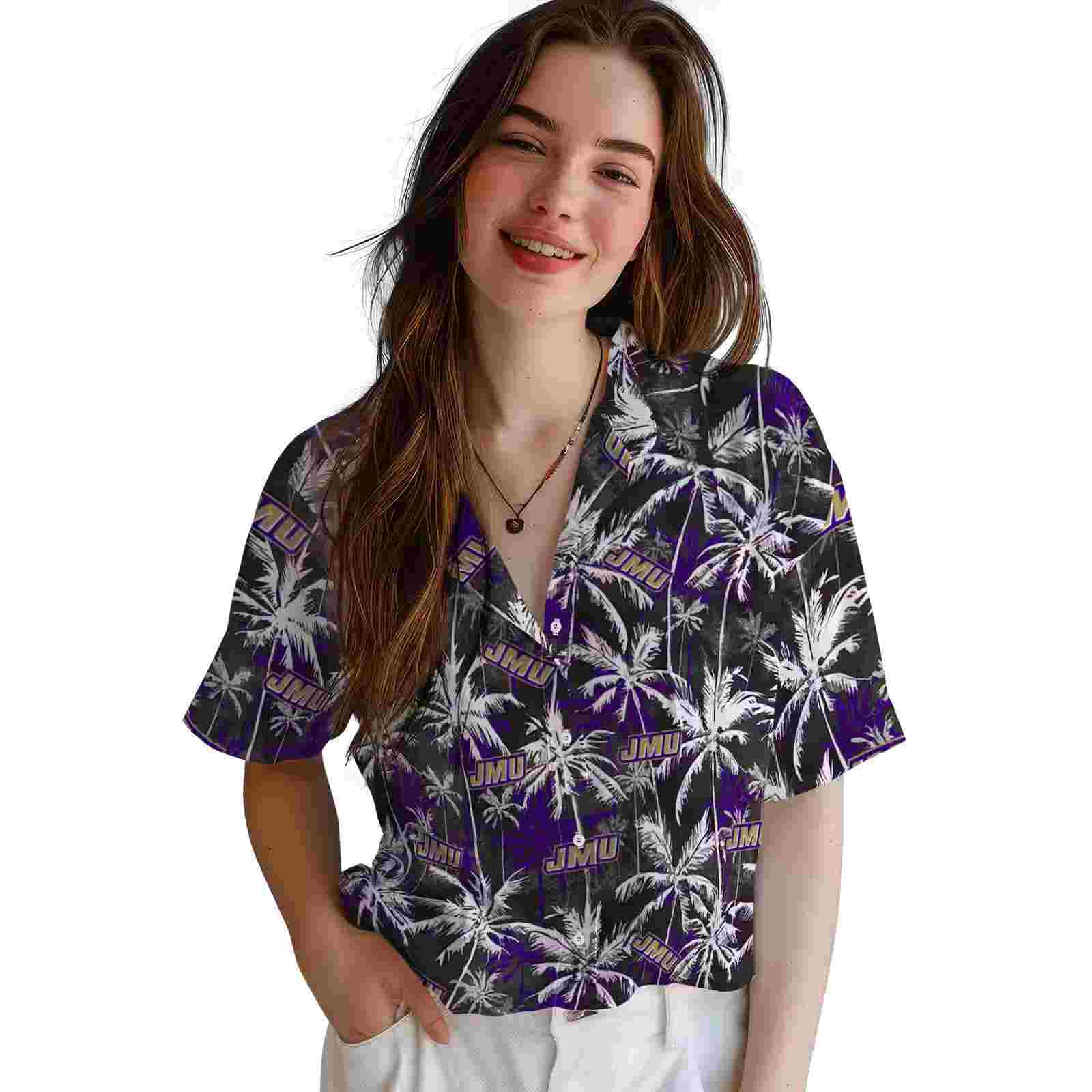 james madison dukes palm pattern purple black hawaiian shirt latest model