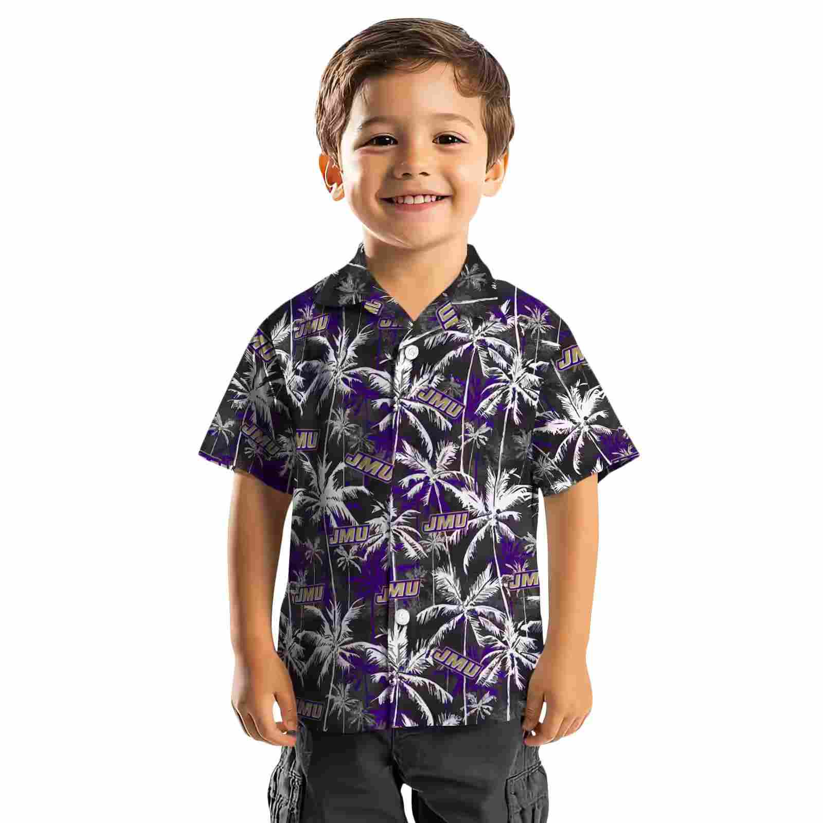 james madison dukes palm pattern purple black hawaiian shirt top rated