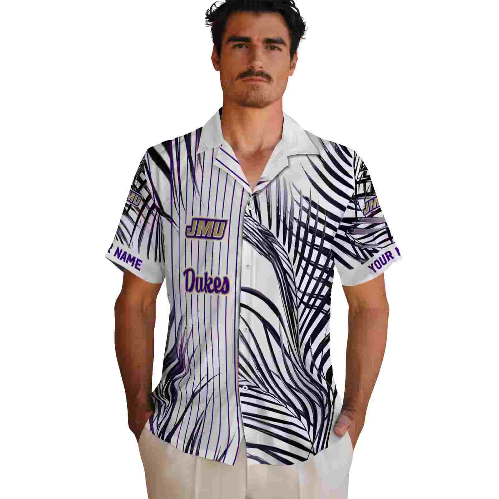 james madison dukes palm stripes purple black white hawaiian shirt fashion forward