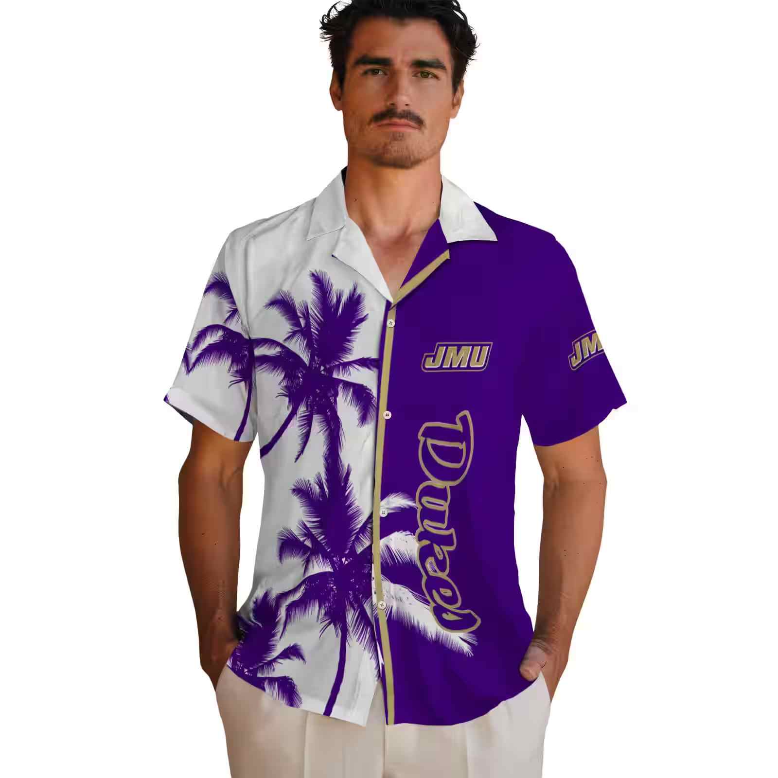 james madison dukes palm trees purple white hawaiian shirt fashion forward