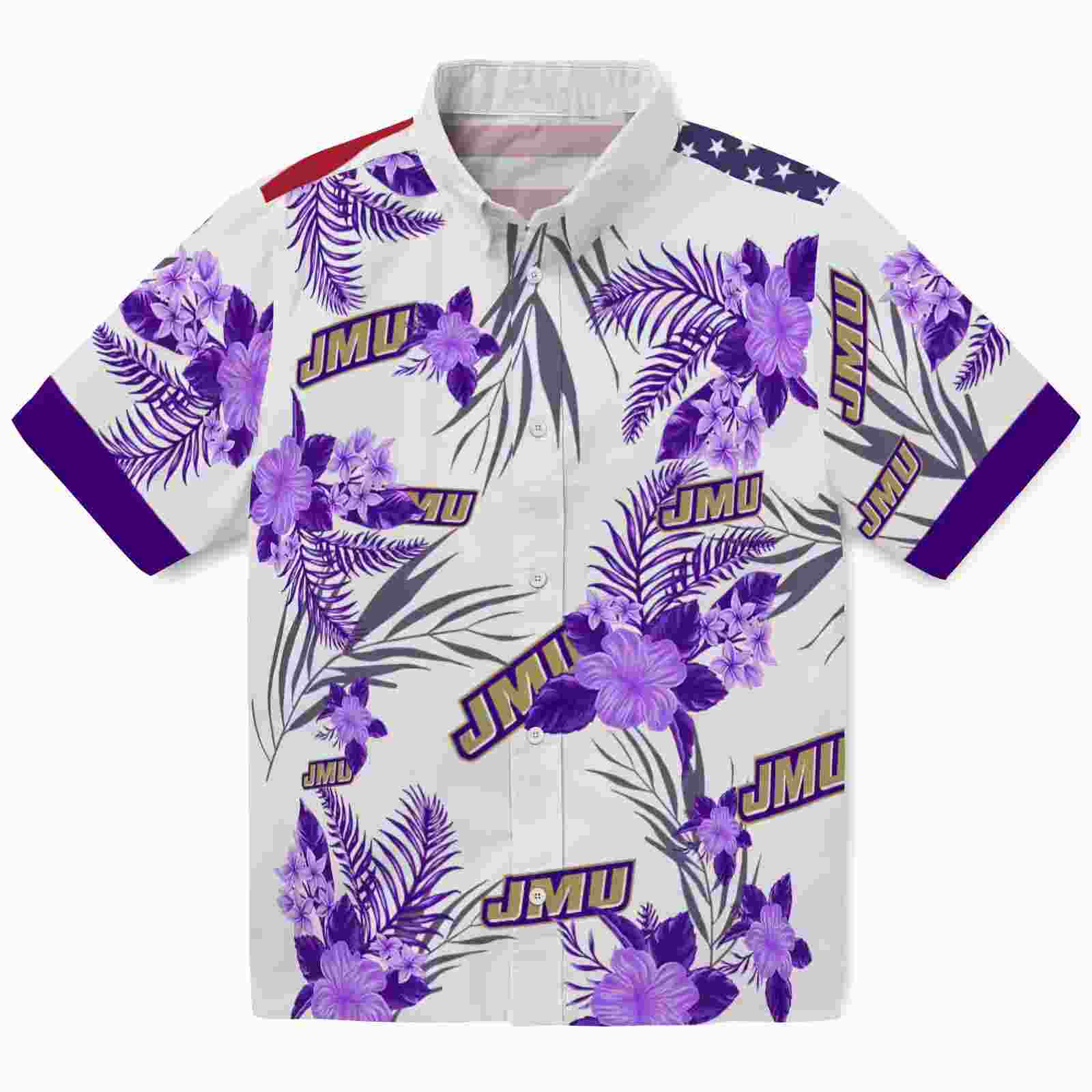 James Madison Dukes Patriotic Hibiscus Design Purple White Hawaiian Shirt