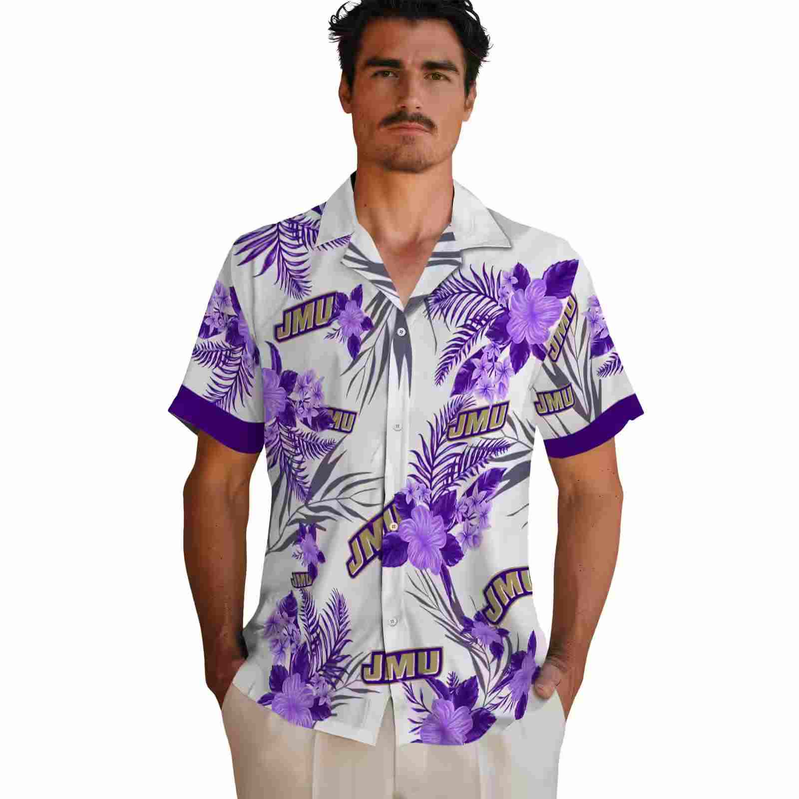 james madison dukes patriotic hibiscus design purple white hawaiian shirt fashion forward