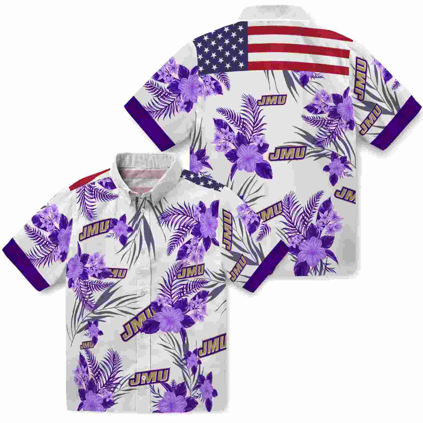 james madison dukes patriotic hibiscus design purple white hawaiian shirt high quality