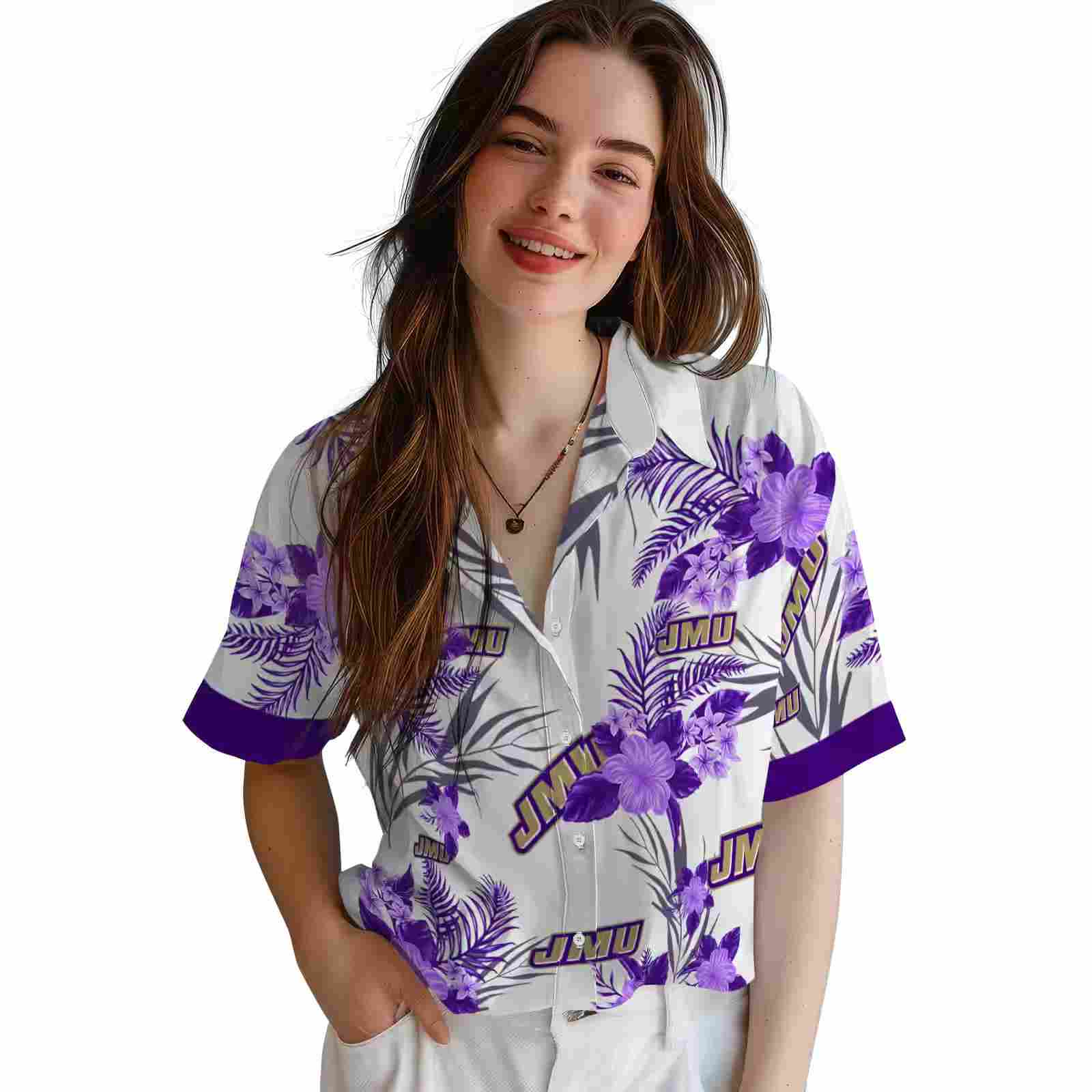 james madison dukes patriotic hibiscus design purple white hawaiian shirt latest model