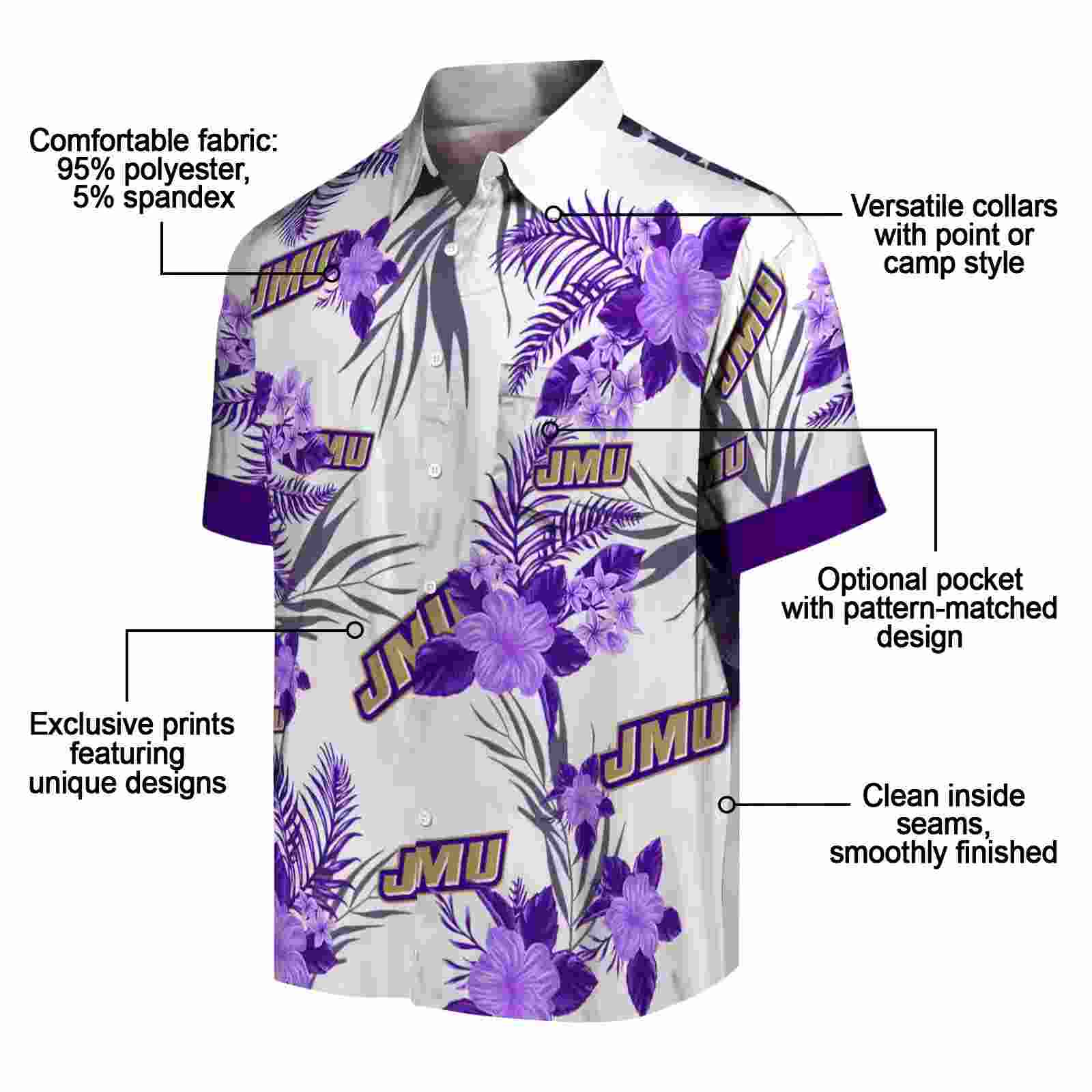 james madison dukes patriotic hibiscus design purple white hawaiian shirt new arrival