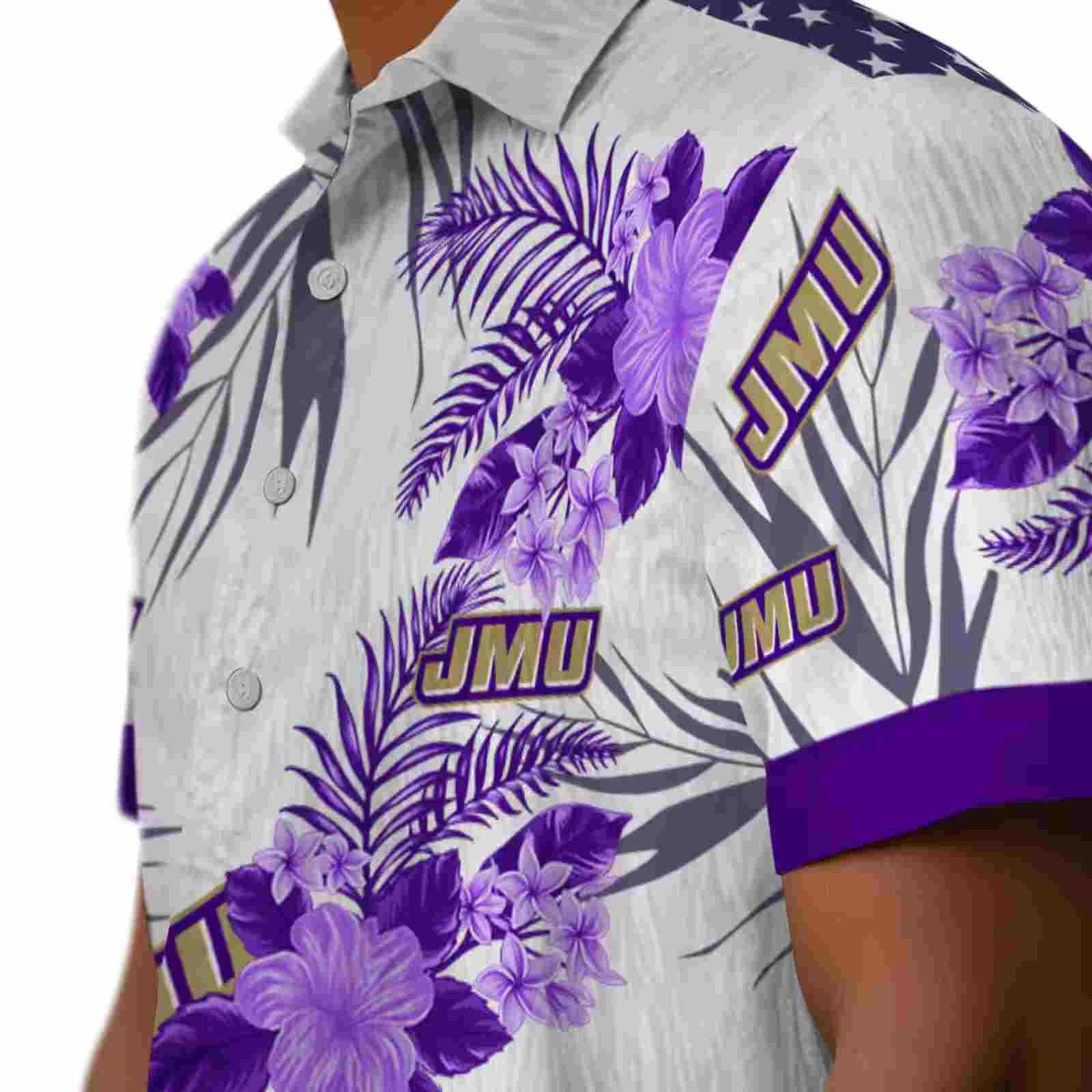 james madison dukes patriotic hibiscus design purple white hawaiian shirt trendy