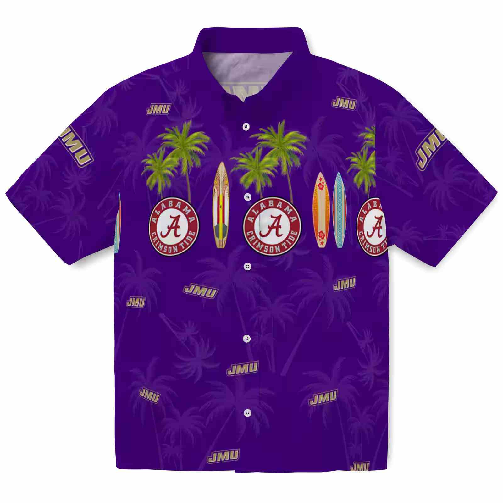 James Madison Dukes Surfboard Palm Purple Hawaiian Shirt