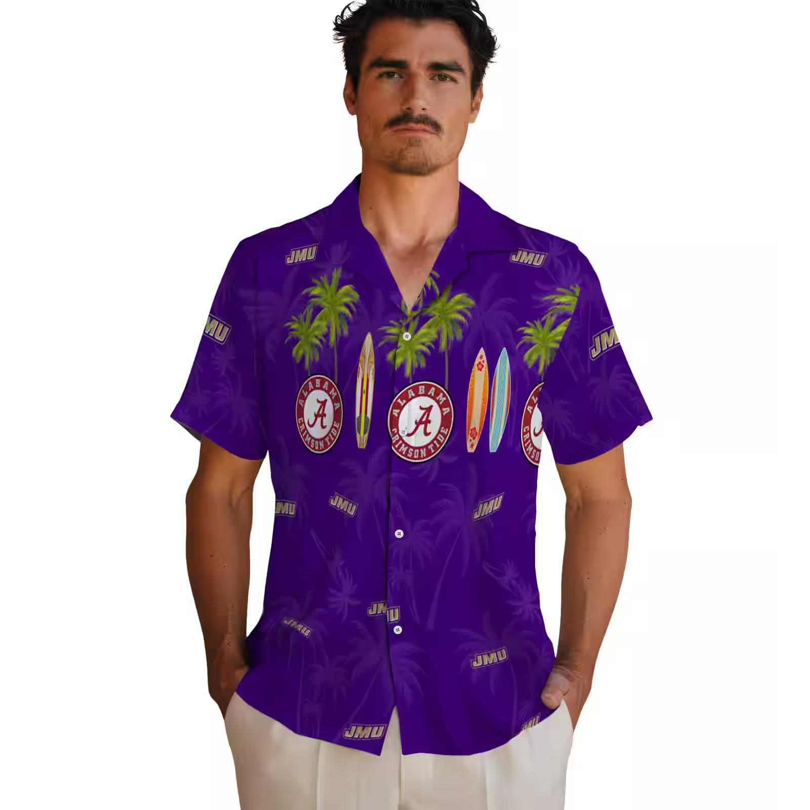 james madison dukes surfboard palm purple hawaiian shirt fashion forward