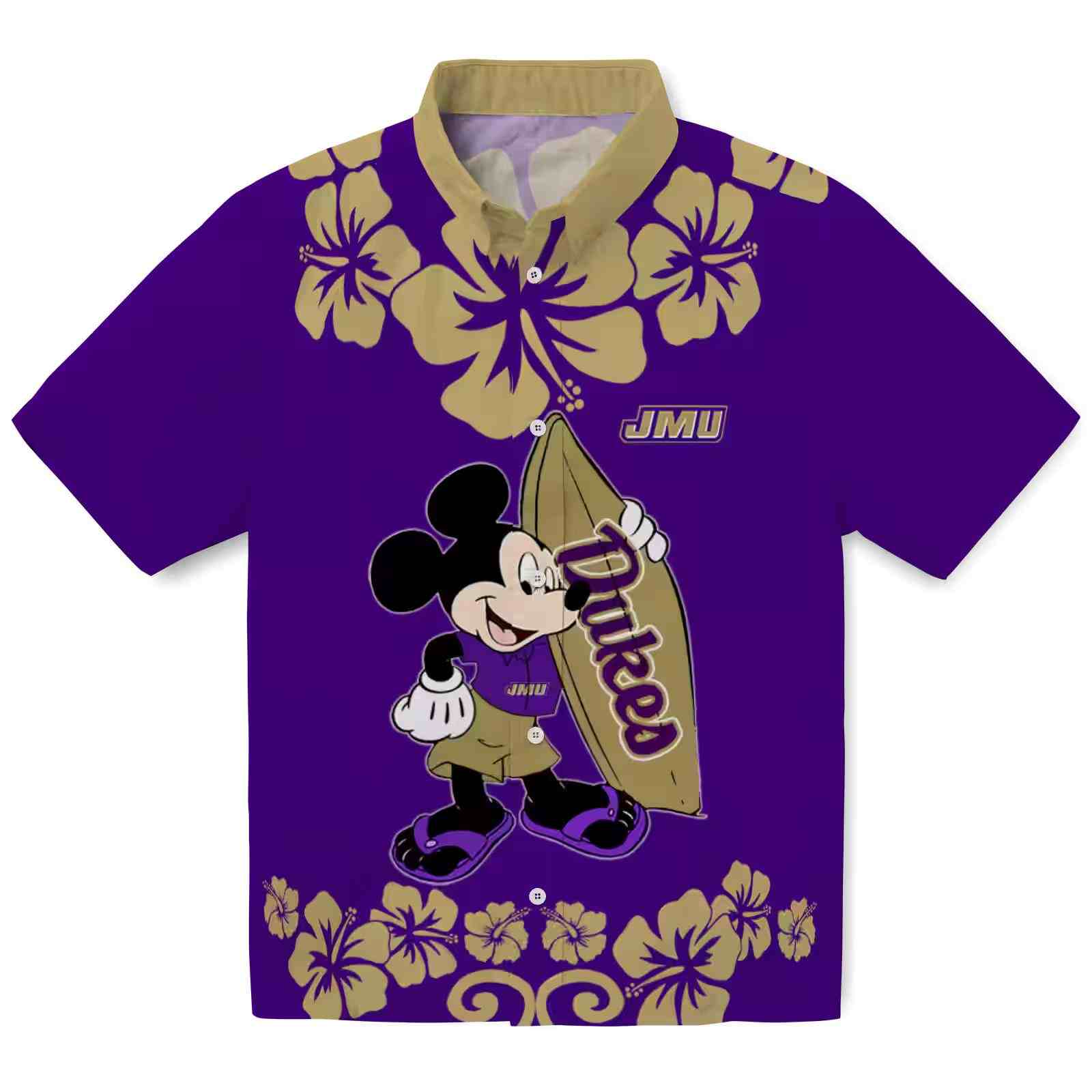 James Madison Dukes Surfing Mickey Purple Hawaiian Shirt