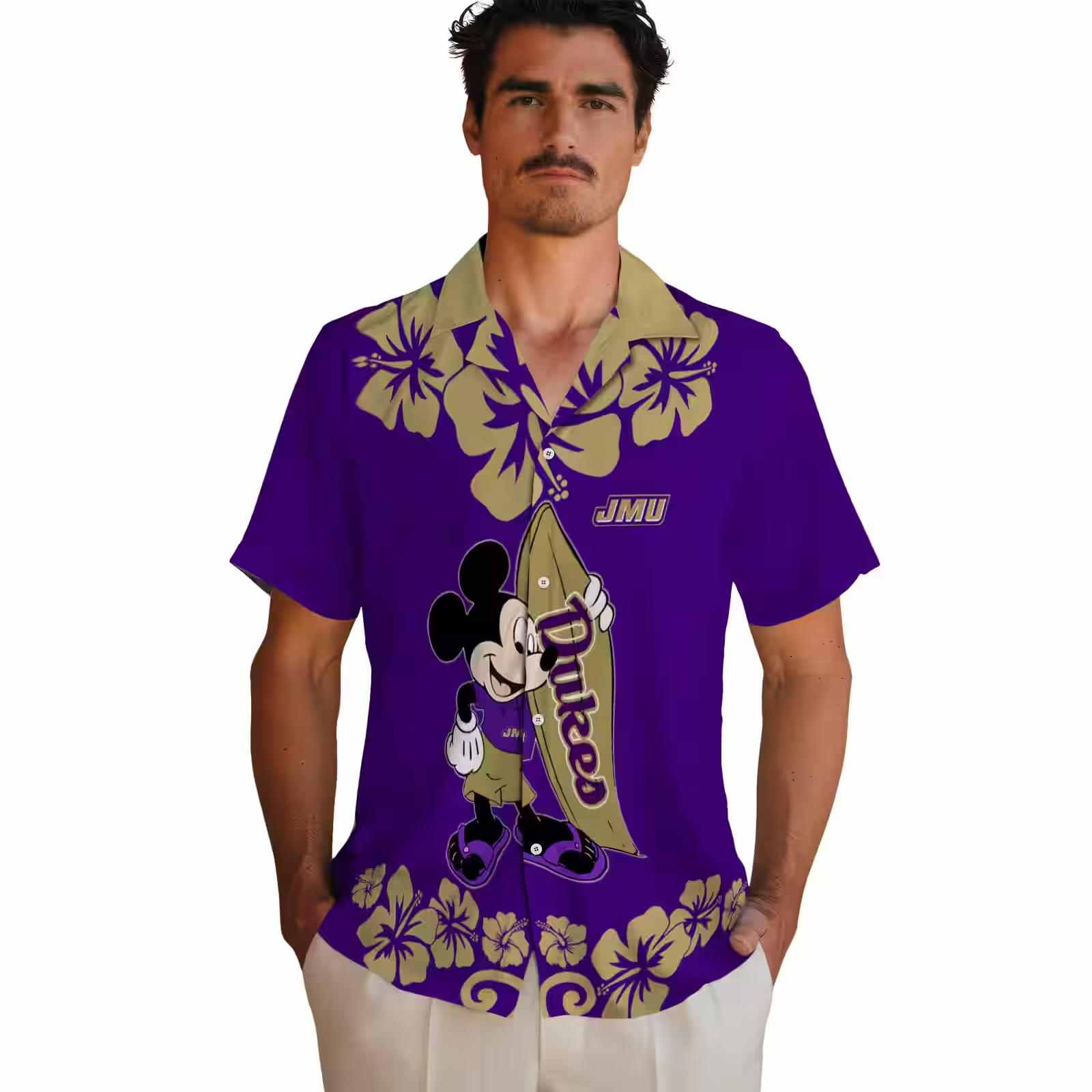 james madison dukes surfing mickey purple hawaiian shirt fashion forward