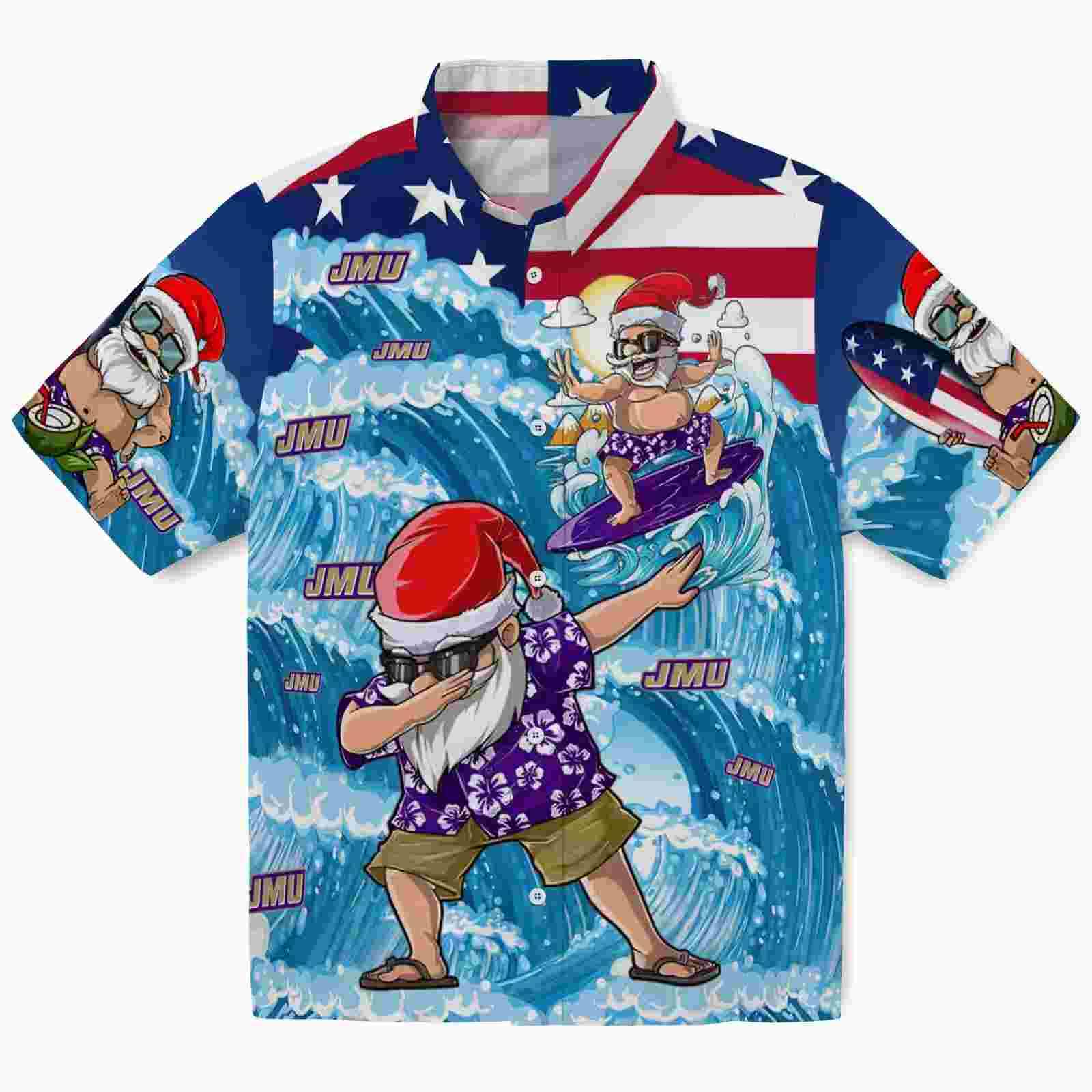 James Madison Dukes Surfing Santa Blue Hawaiian Shirt