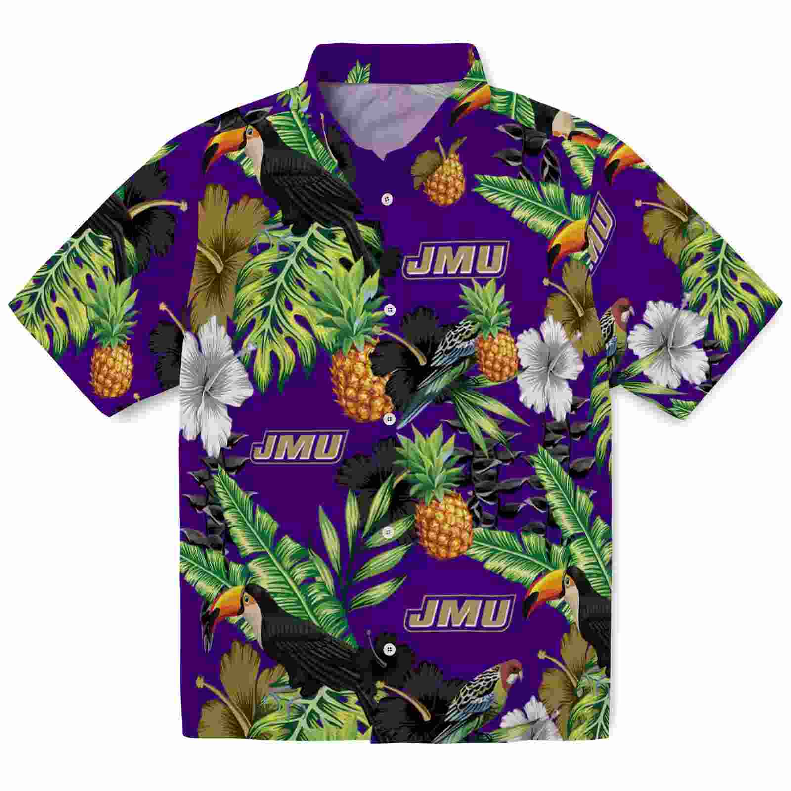 James Madison Dukes Toucan Hibiscus Pineapple Purple Green Hawaiian Shirt