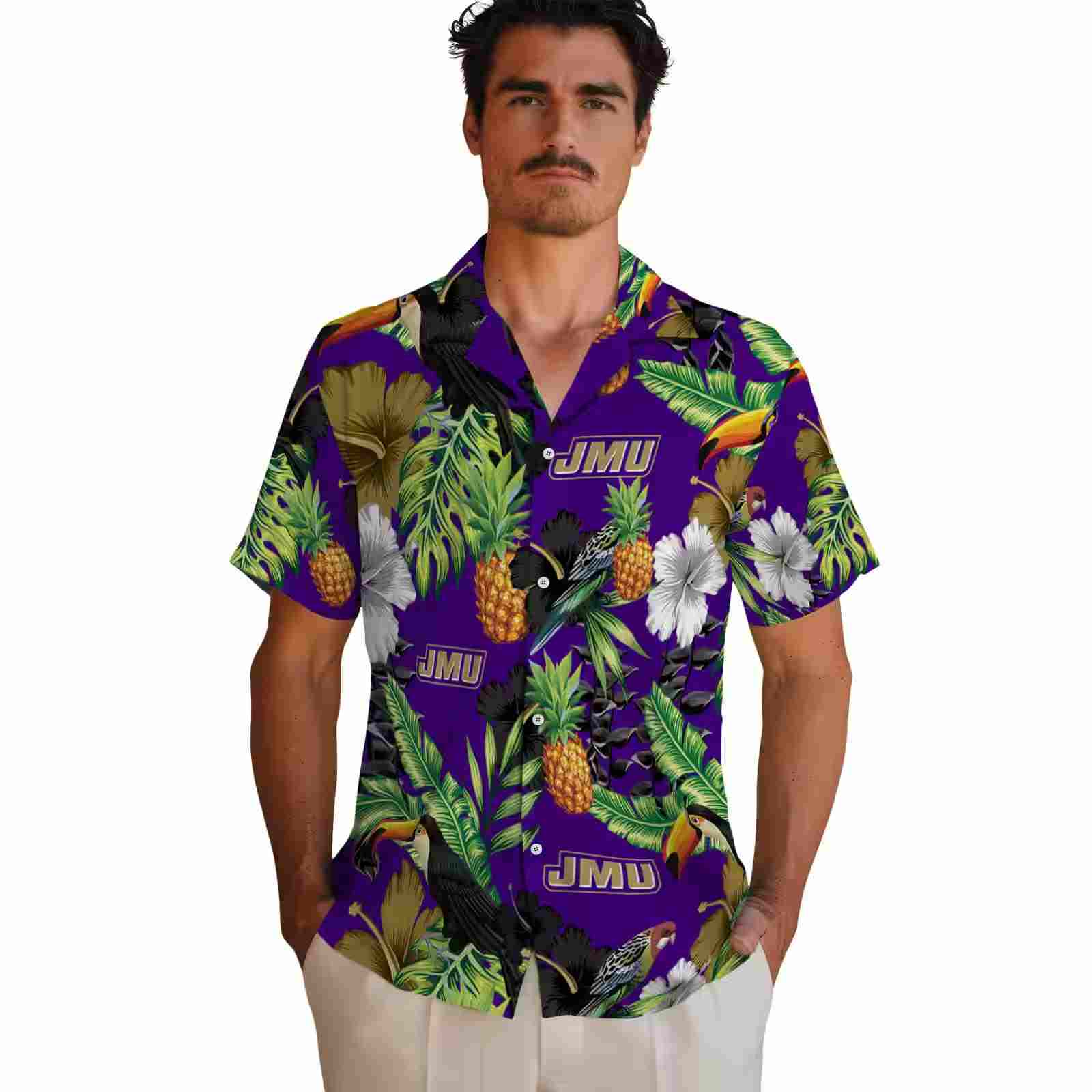 james madison dukes toucan hibiscus pineapple purple green hawaiian shirt fashion forward