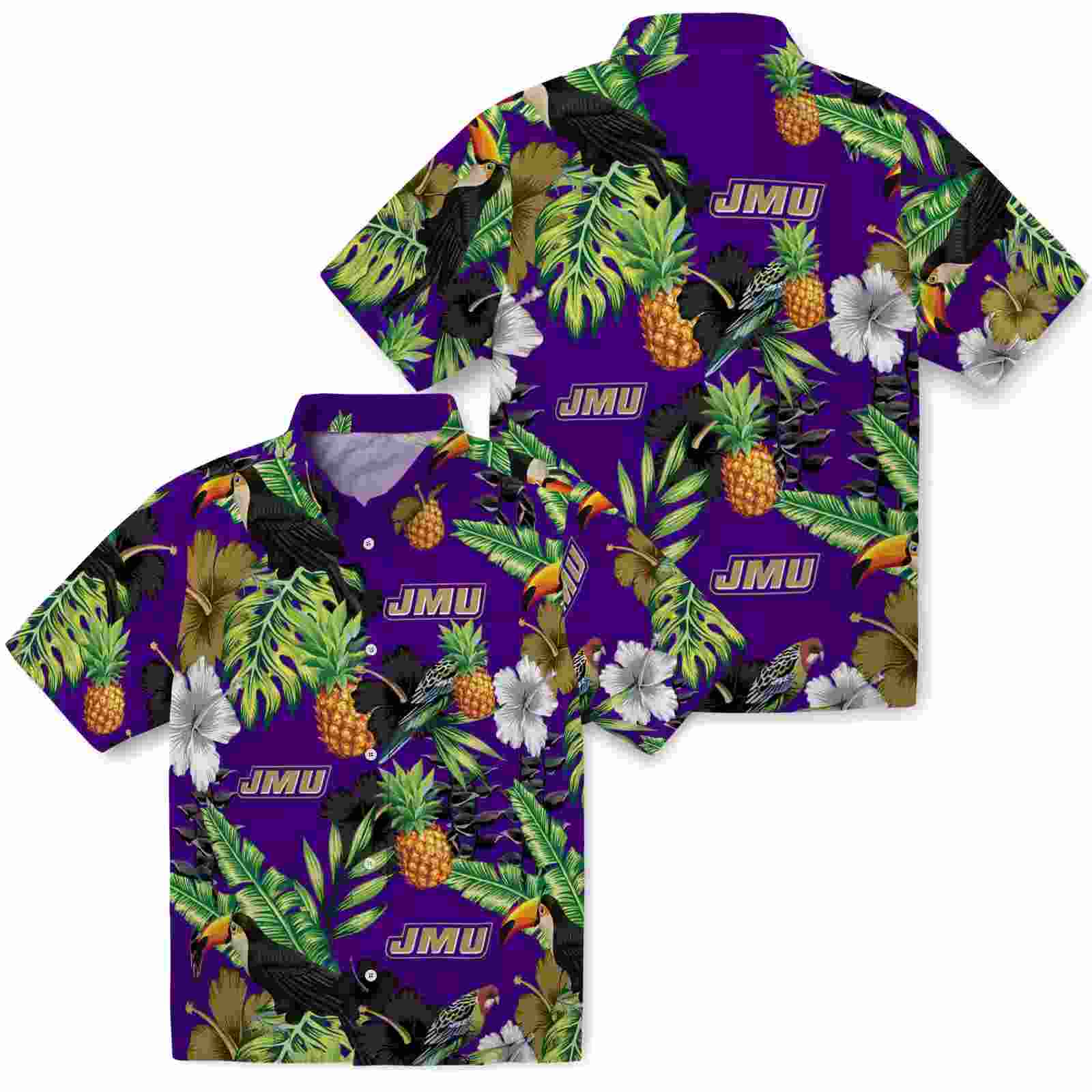 james madison dukes toucan hibiscus pineapple purple green hawaiian shirt high quality