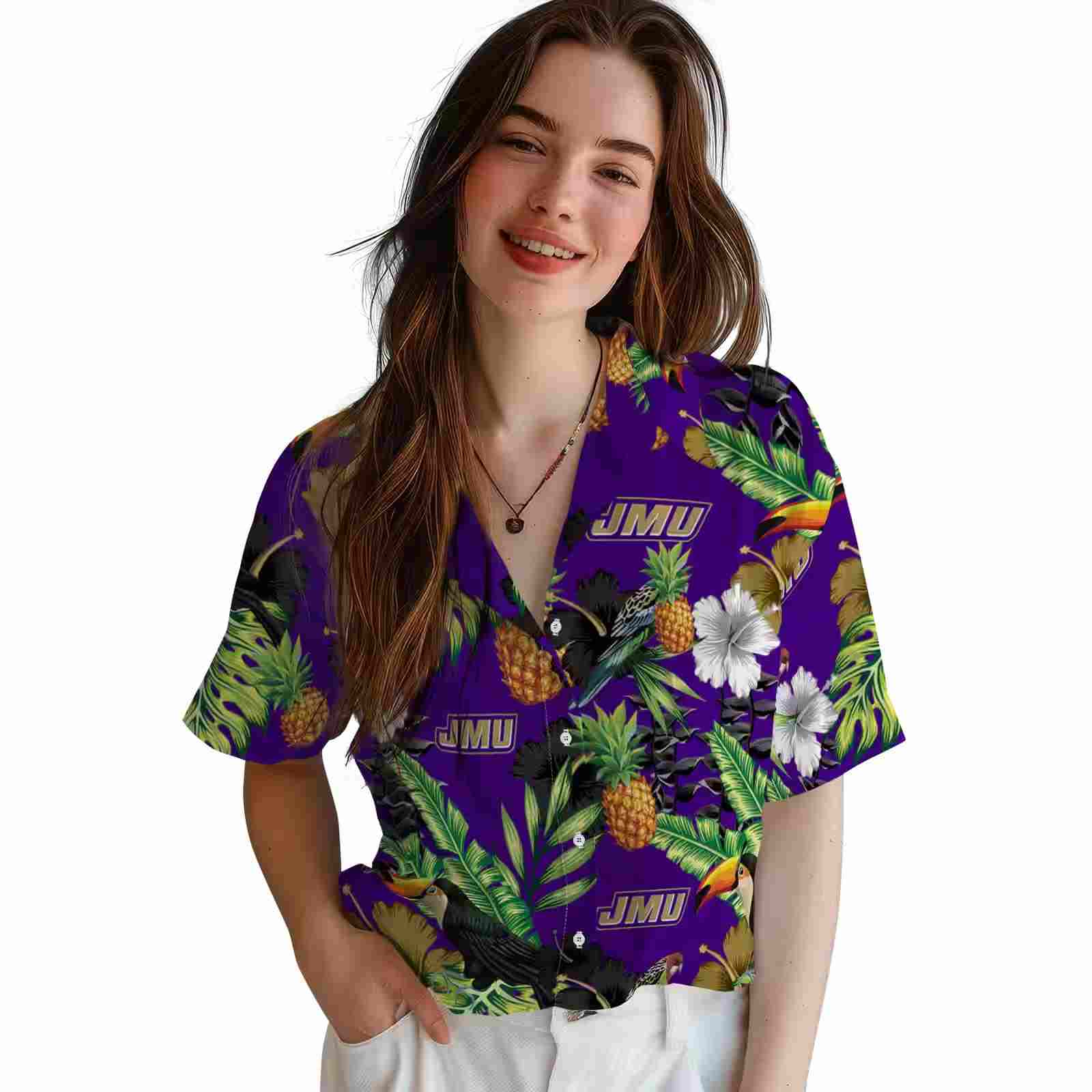 james madison dukes toucan hibiscus pineapple purple green hawaiian shirt latest model