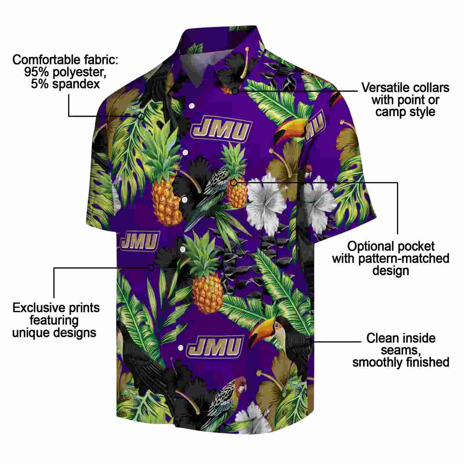 james madison dukes toucan hibiscus pineapple purple green hawaiian shirt new arrival