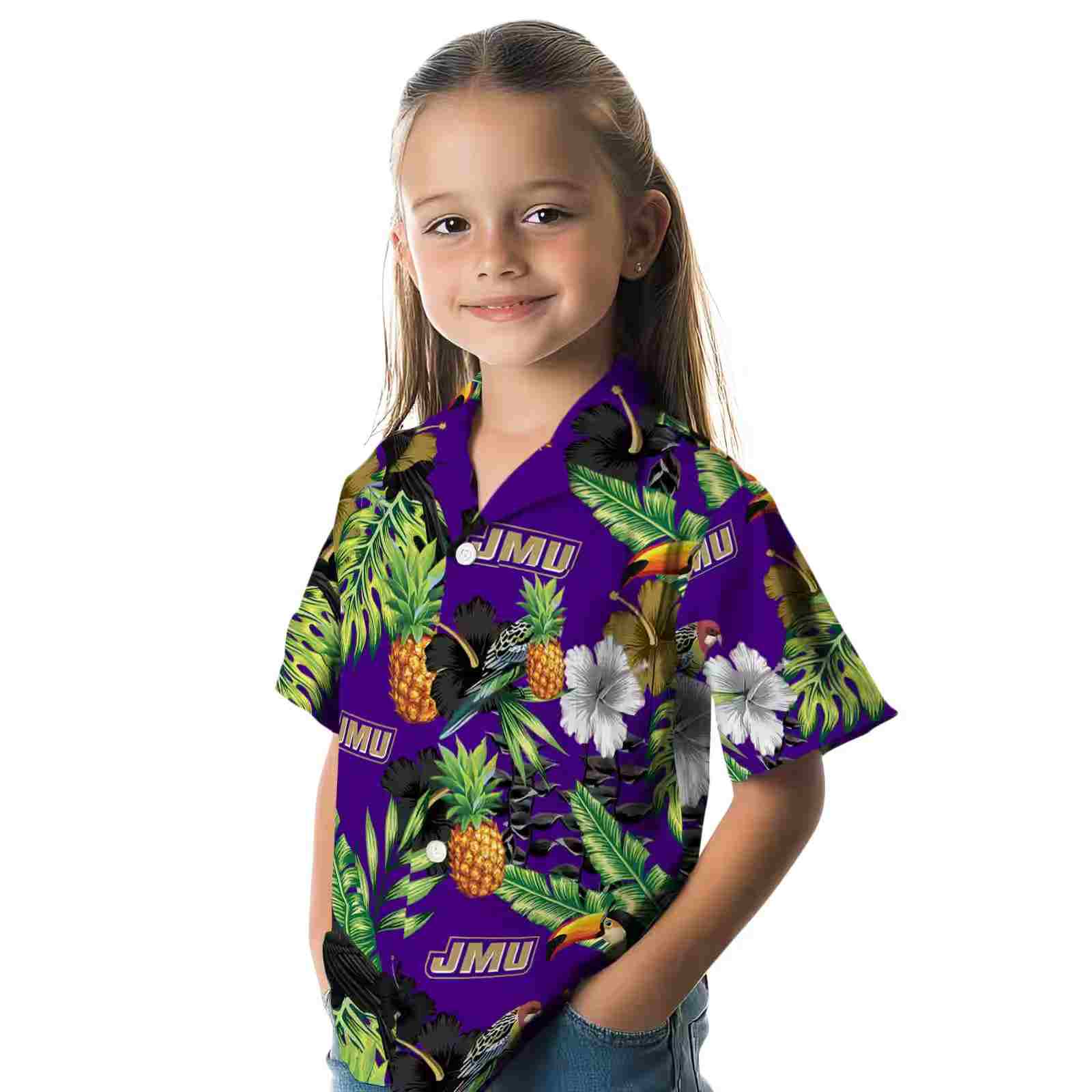 james madison dukes toucan hibiscus pineapple purple green hawaiian shirt premium grade