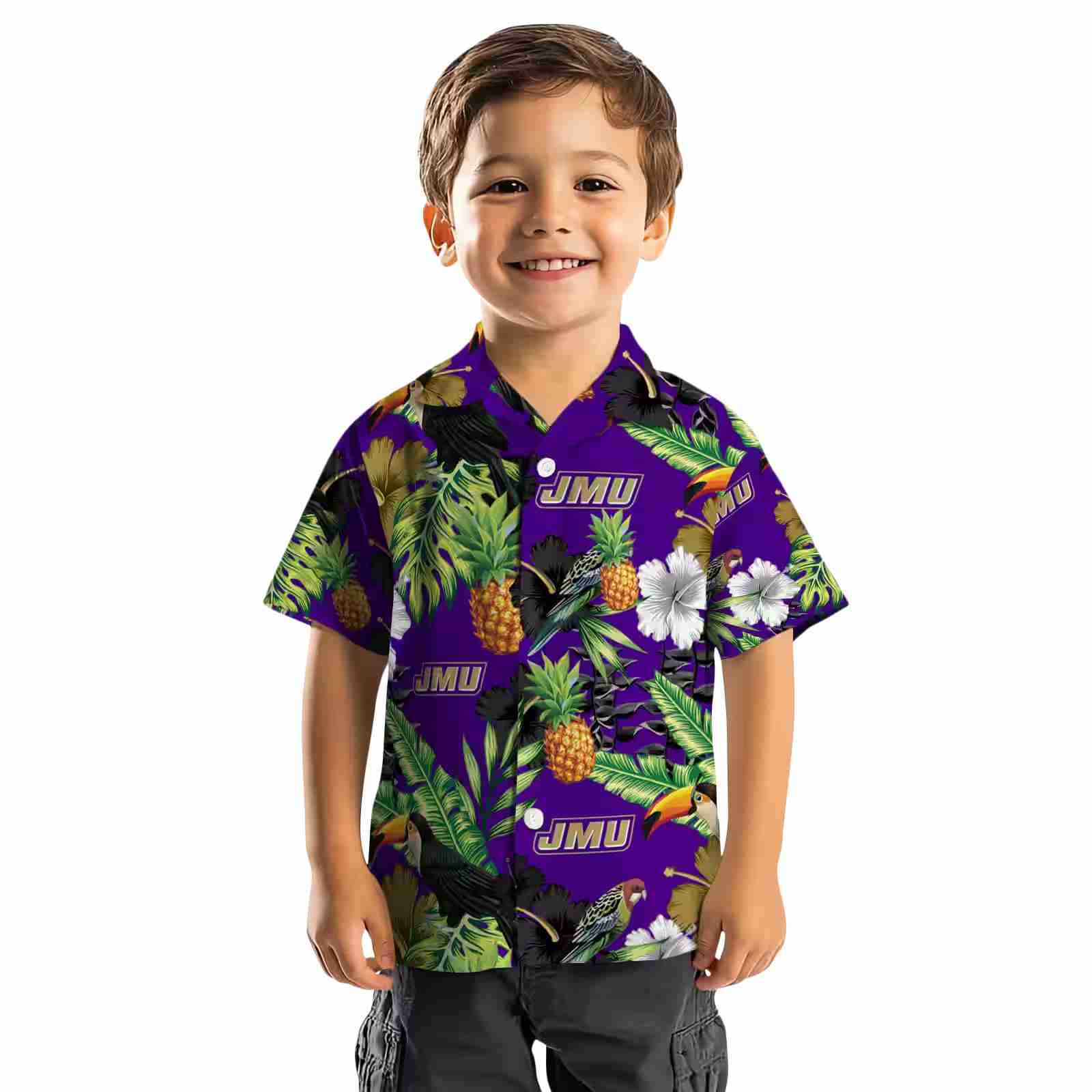 james madison dukes toucan hibiscus pineapple purple green hawaiian shirt top rated