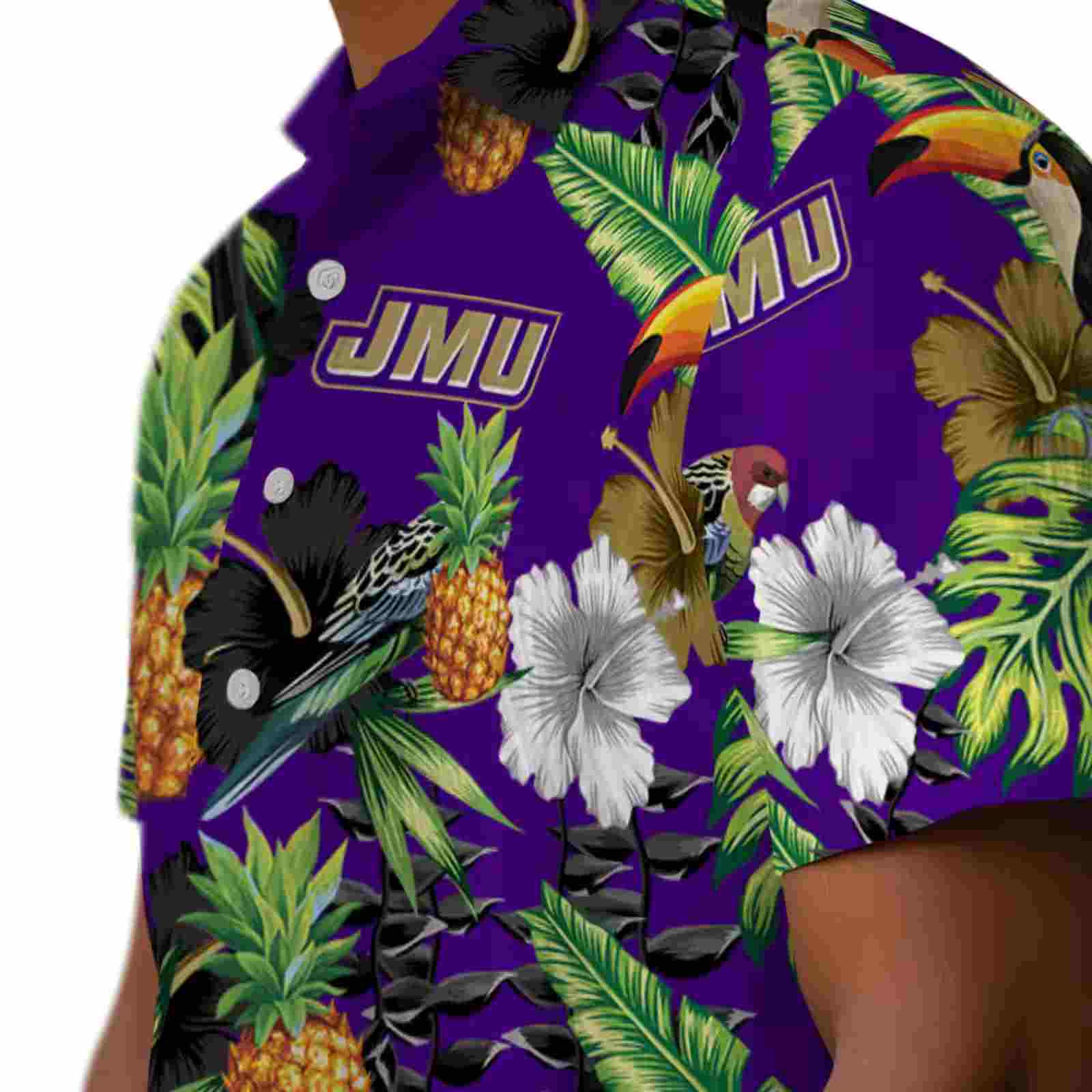 james madison dukes toucan hibiscus pineapple purple green hawaiian shirt trendy