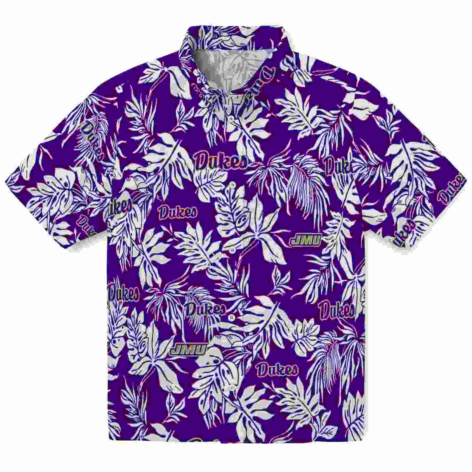 James Madison Dukes Tropical Leaf Purple White Hawaiian Shirt