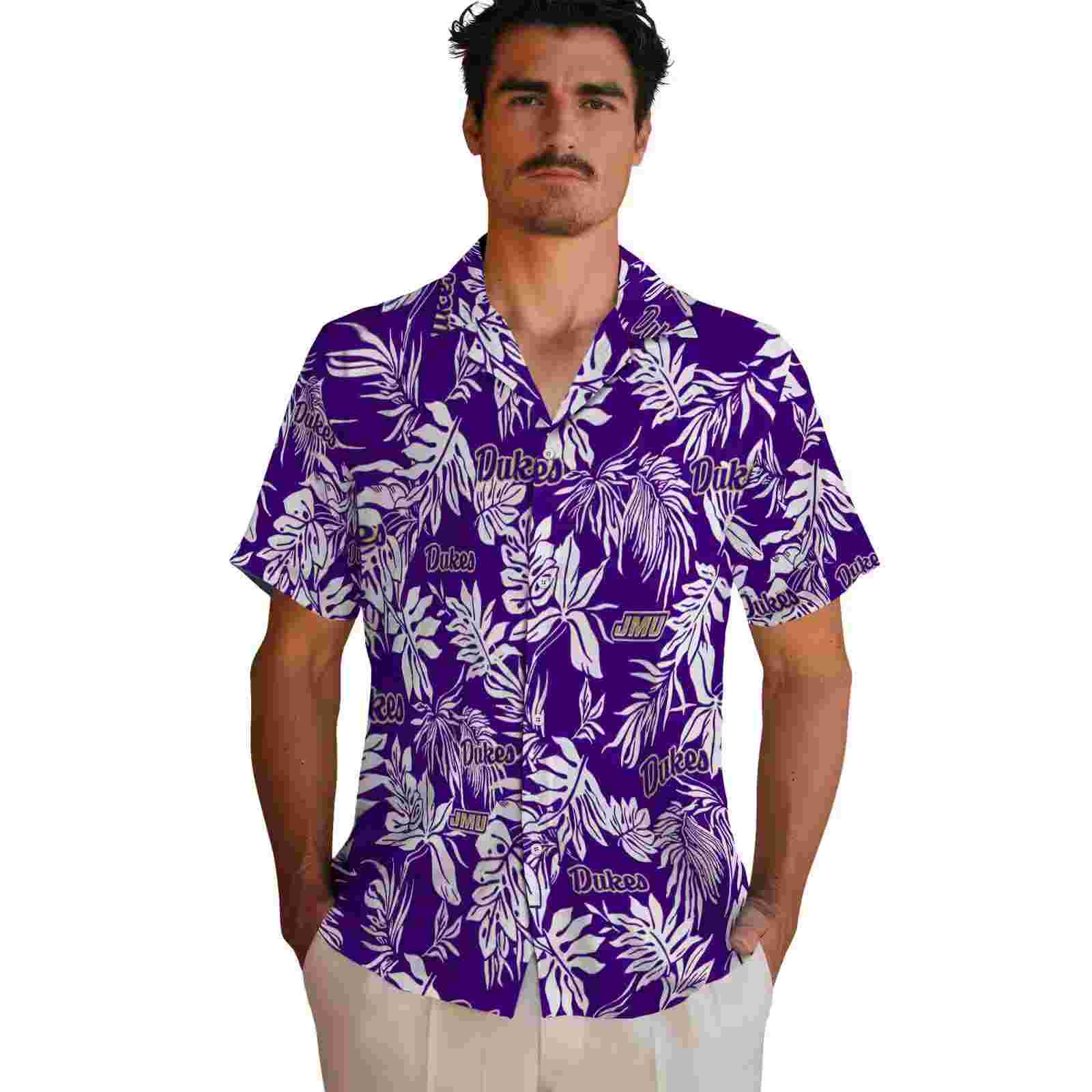 james madison dukes tropical leaf purple white hawaiian shirt fashion forward