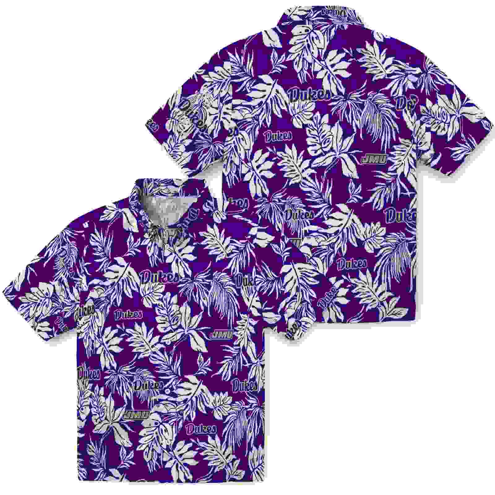 james madison dukes tropical leaf purple white hawaiian shirt high quality