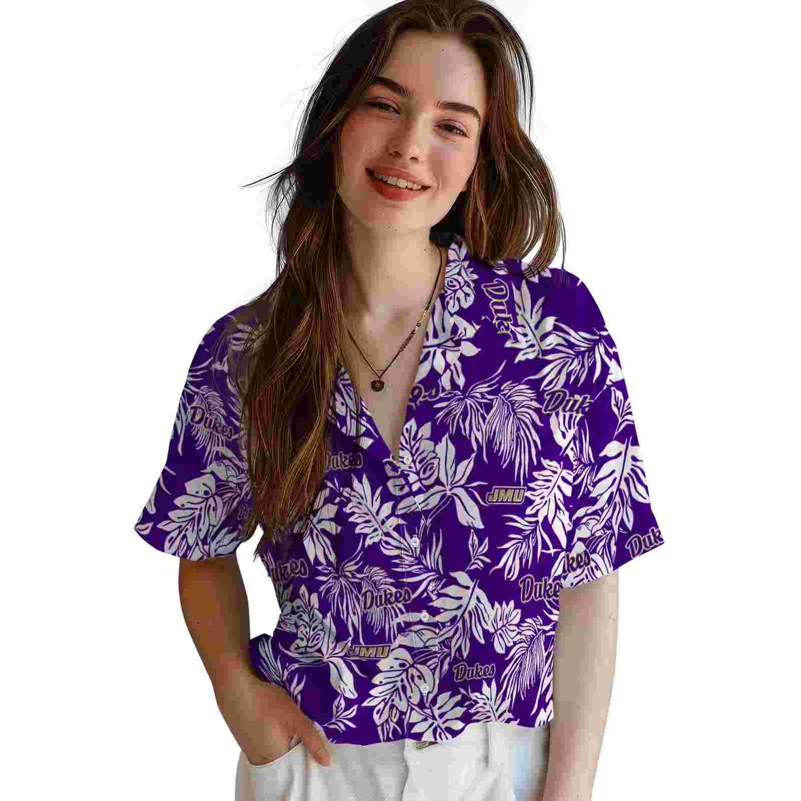 james madison dukes tropical leaf purple white hawaiian shirt latest model