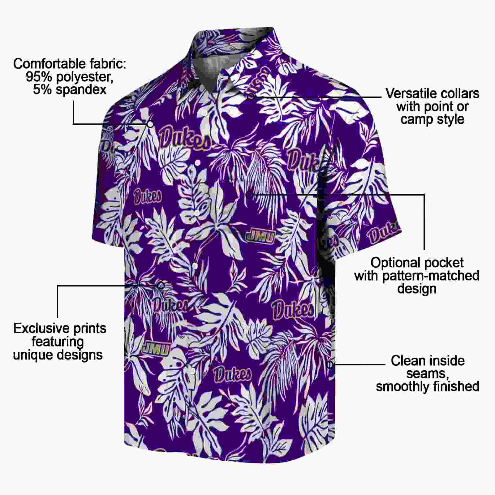 james madison dukes tropical leaf purple white hawaiian shirt new arrival