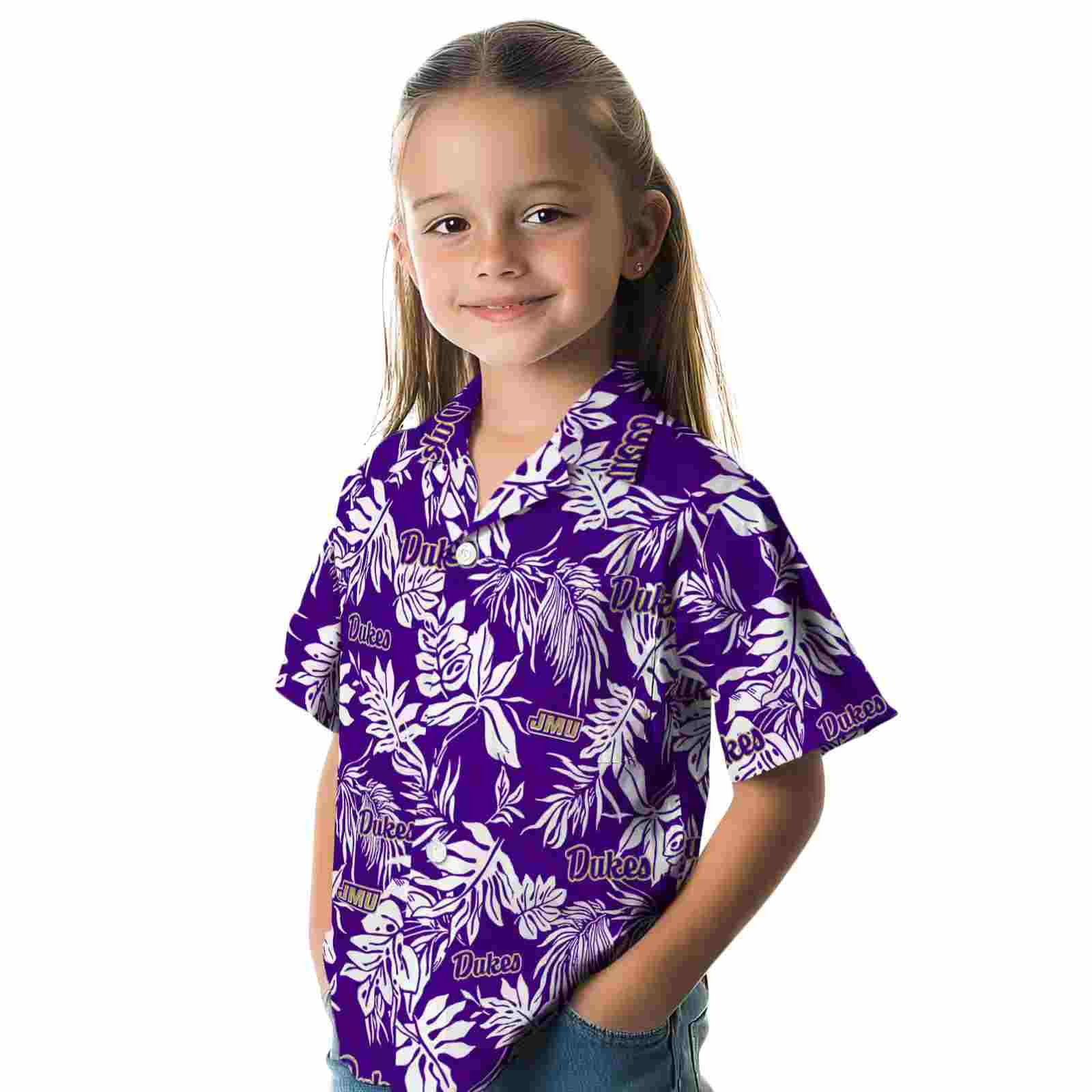 james madison dukes tropical leaf purple white hawaiian shirt premium grade