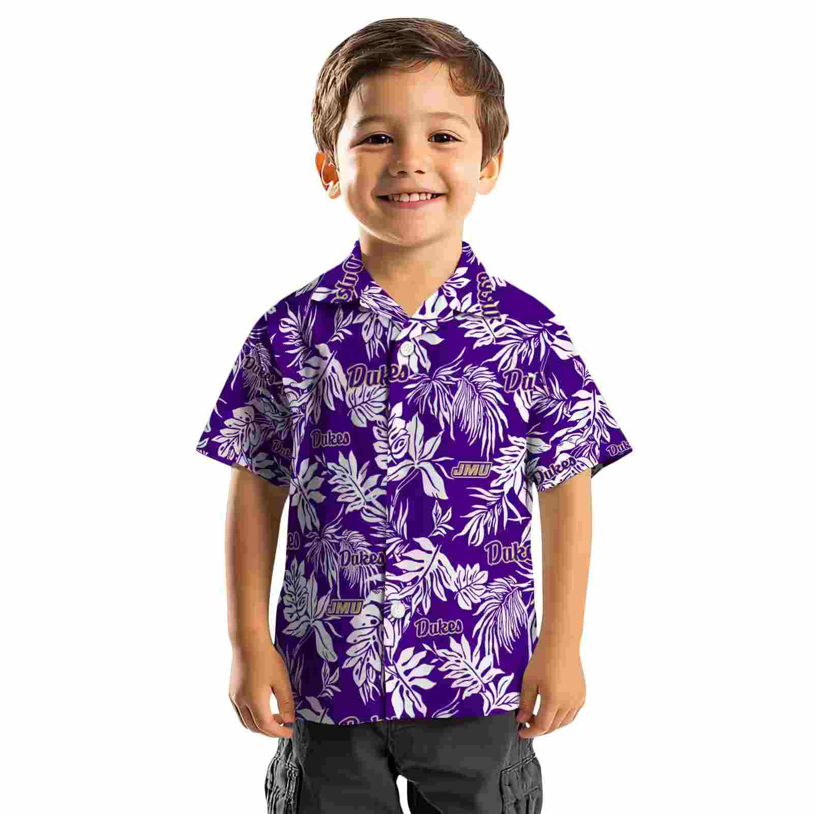 james madison dukes tropical leaf purple white hawaiian shirt top rated