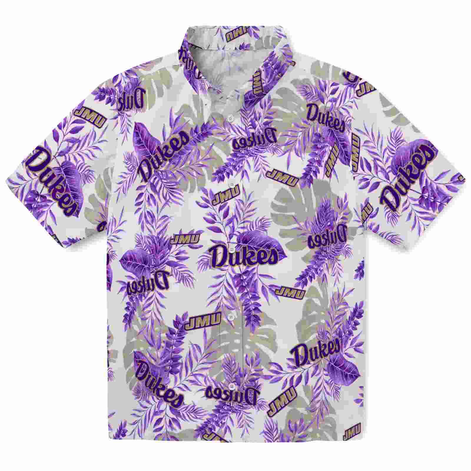 James Madison Dukes Tropical Leaves Purple White Hawaiian Shirt