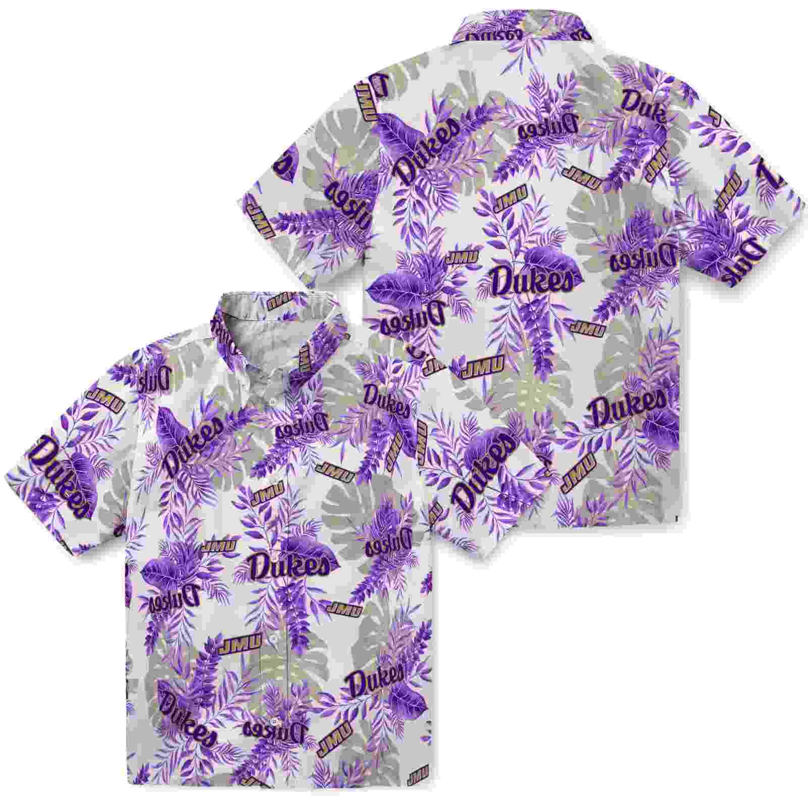 james madison dukes tropical leaves purple white hawaiian shirt high quality