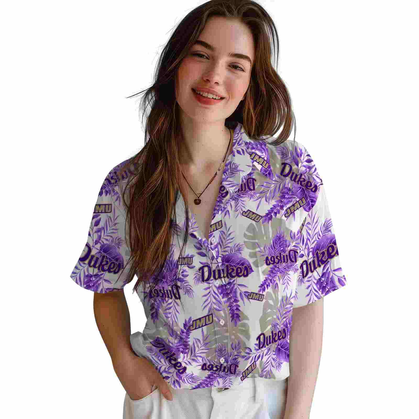 james madison dukes tropical leaves purple white hawaiian shirt latest model