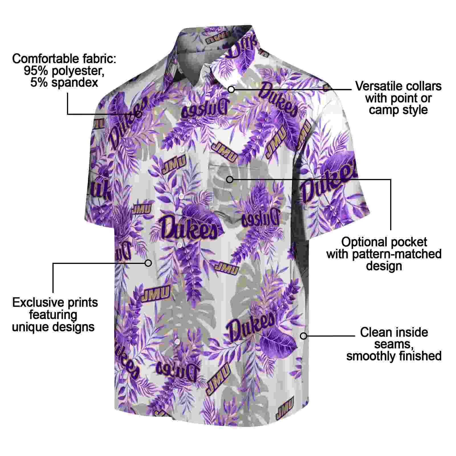 james madison dukes tropical leaves purple white hawaiian shirt new arrival