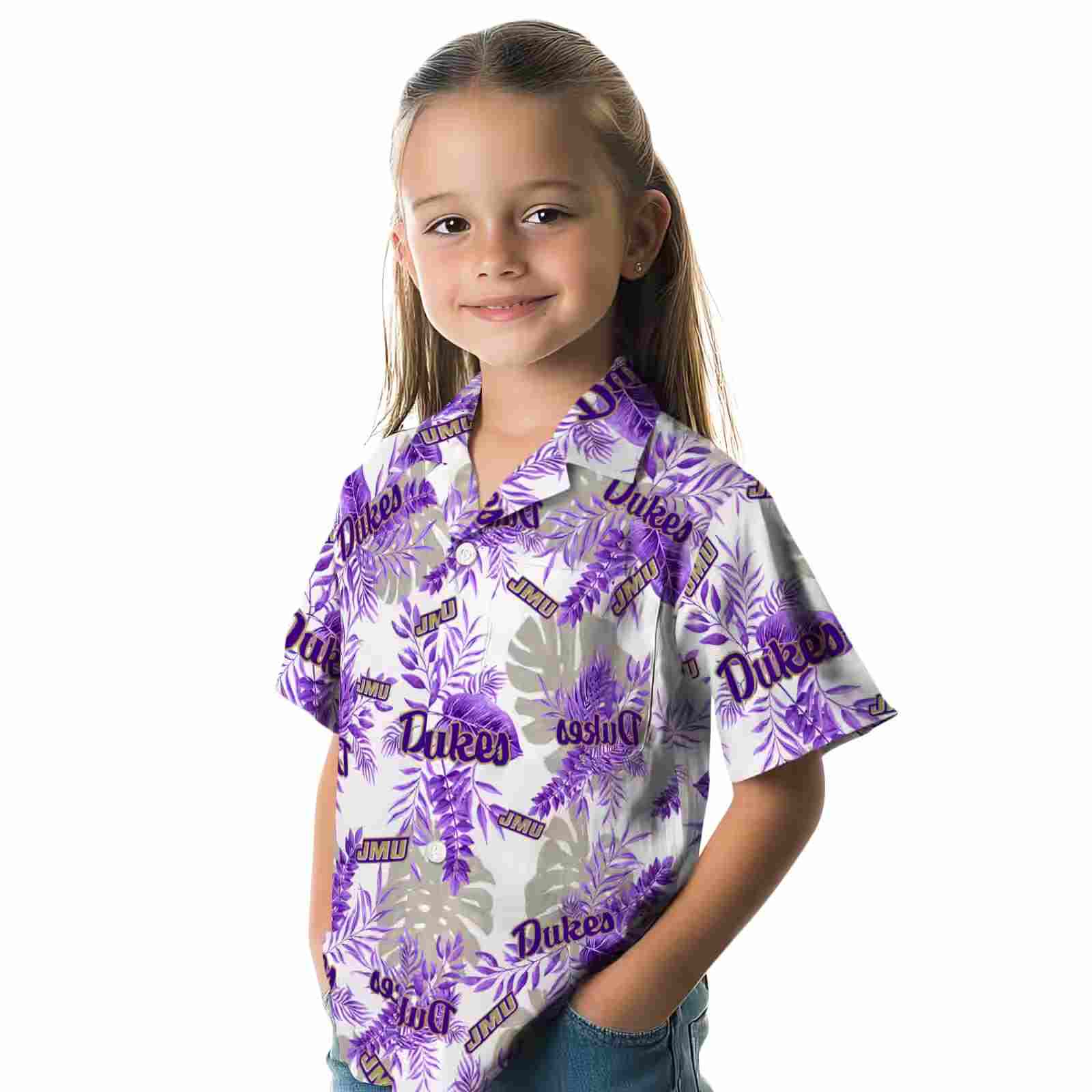 james madison dukes tropical leaves purple white hawaiian shirt premium grade