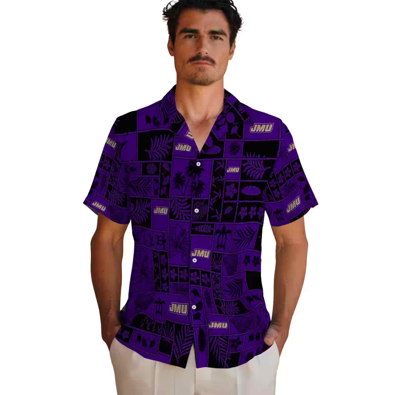 james madison dukes tropical patchwork purple black hawaiian shirt fashion forward