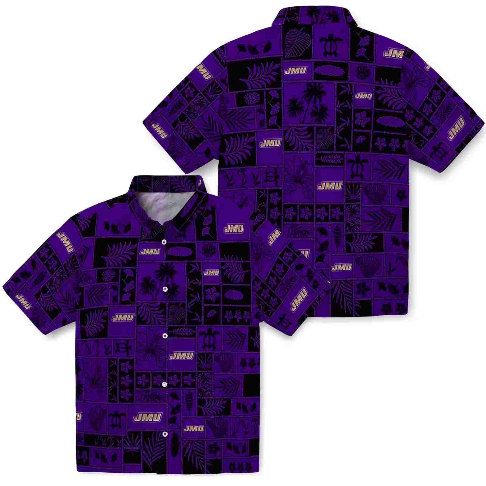 james madison dukes tropical patchwork purple black hawaiian shirt high quality