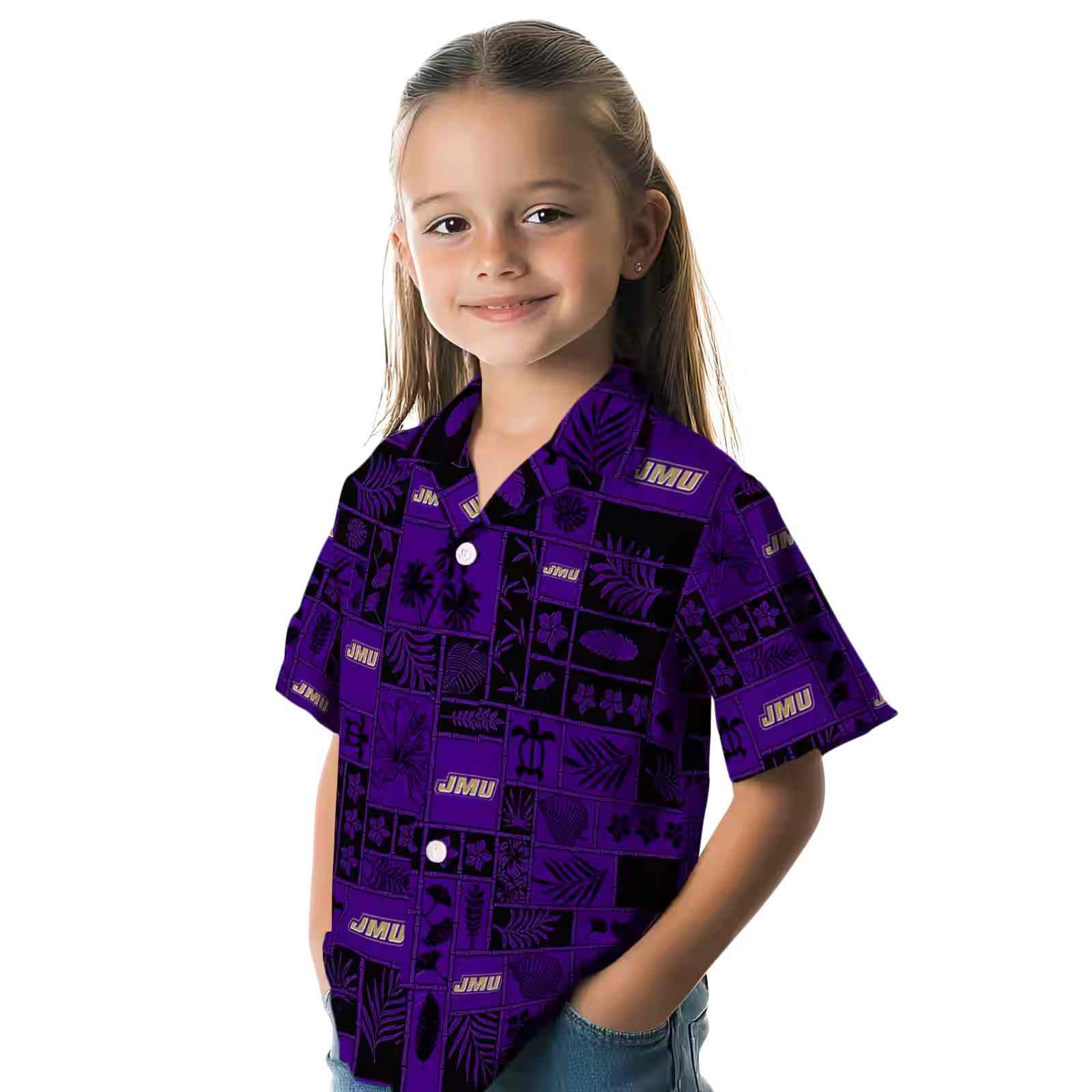 james madison dukes tropical patchwork purple black hawaiian shirt premium grade