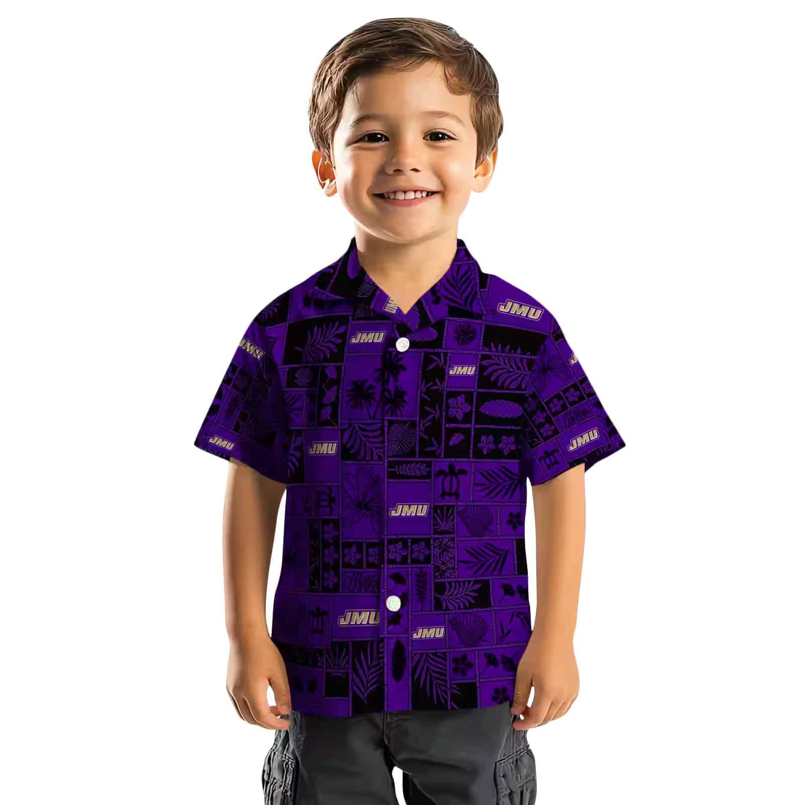 james madison dukes tropical patchwork purple black hawaiian shirt top rated