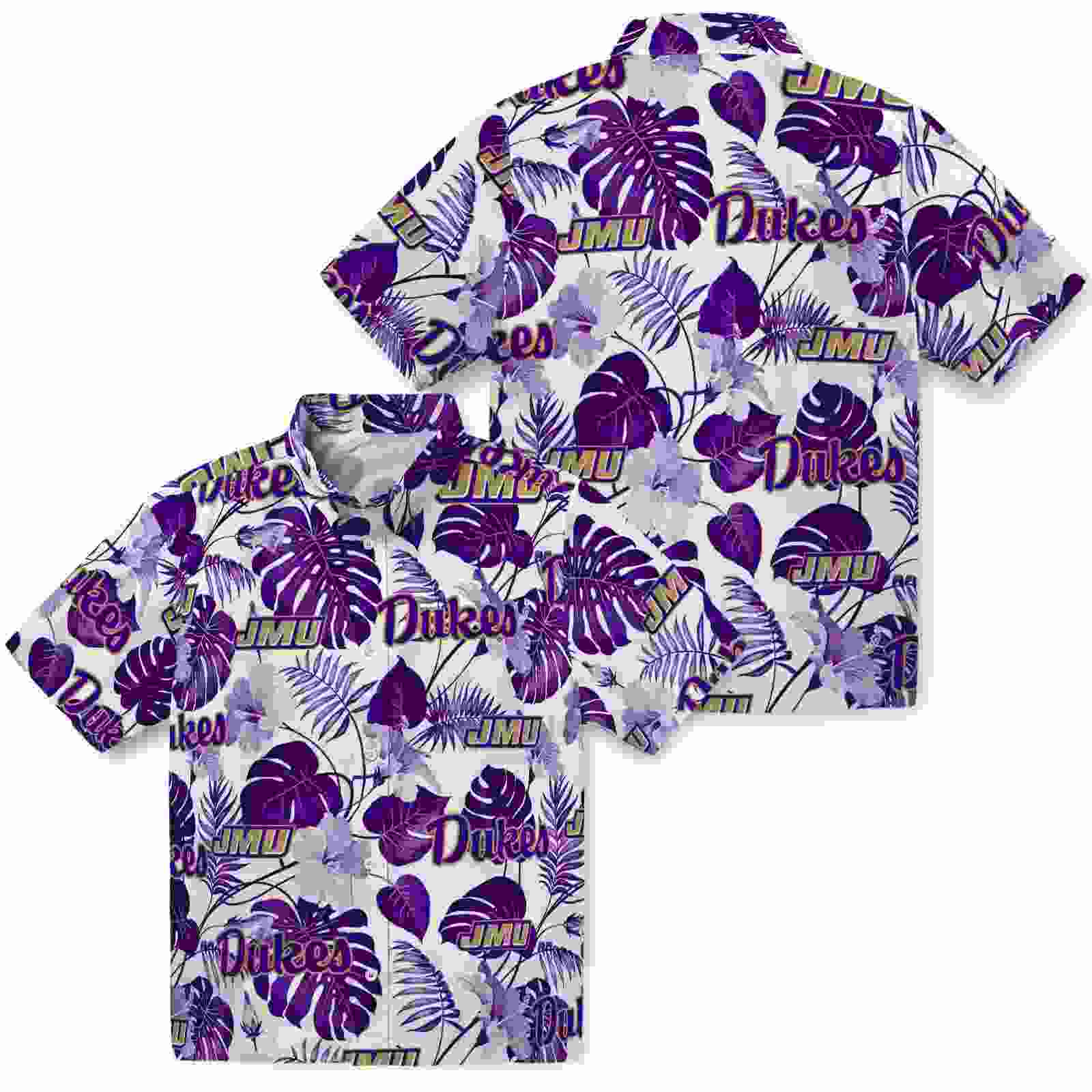 james madison dukes tropical plants purple white hawaiian shirt high quality