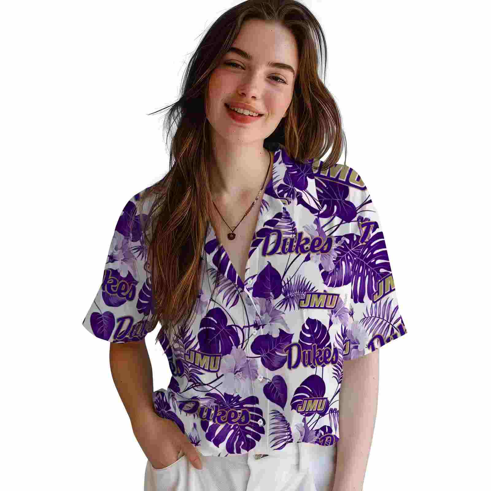 james madison dukes tropical plants purple white hawaiian shirt latest model