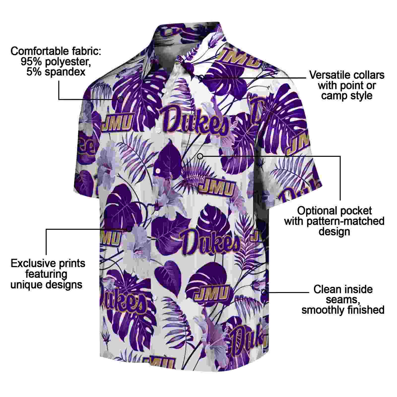 james madison dukes tropical plants purple white hawaiian shirt new arrival