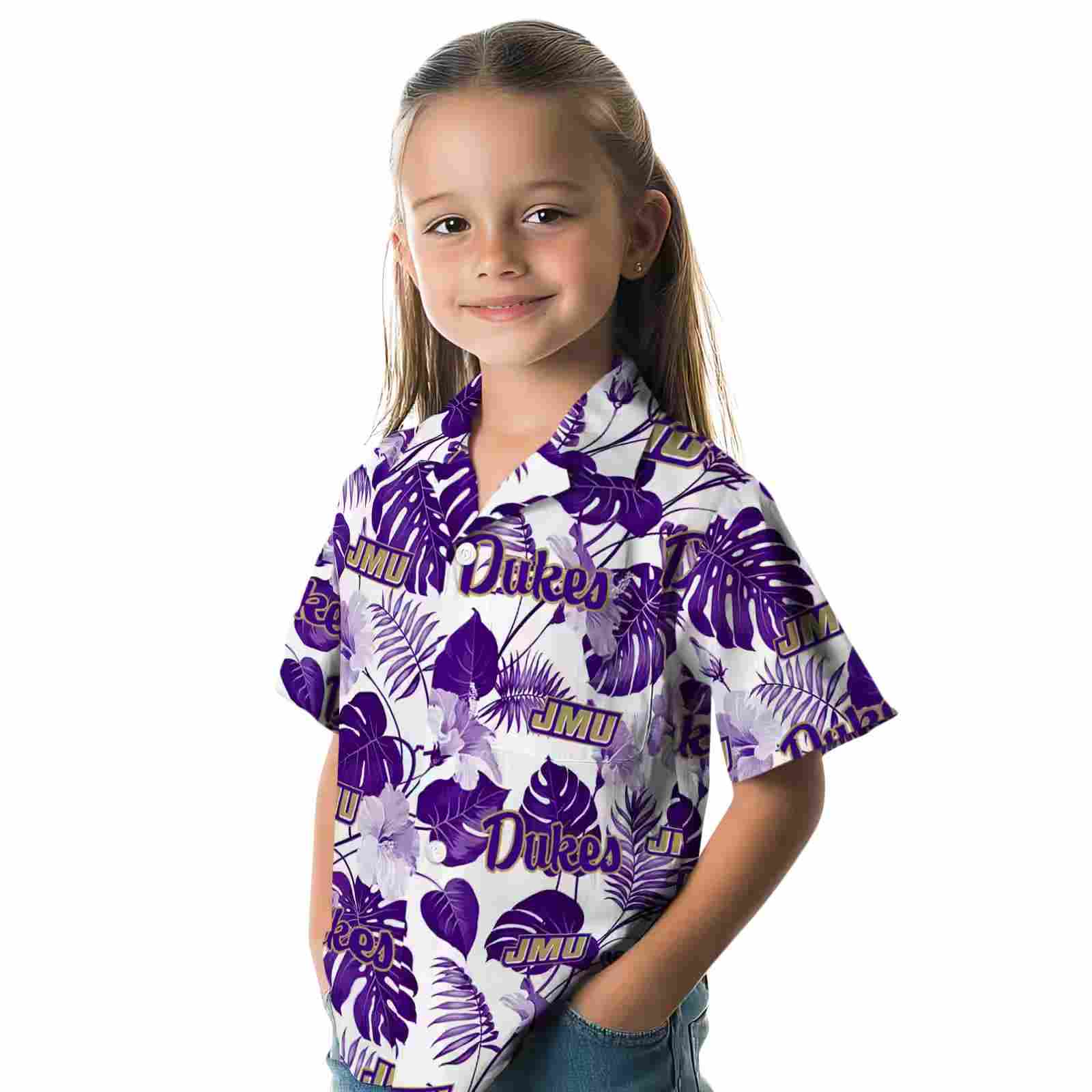 james madison dukes tropical plants purple white hawaiian shirt premium grade