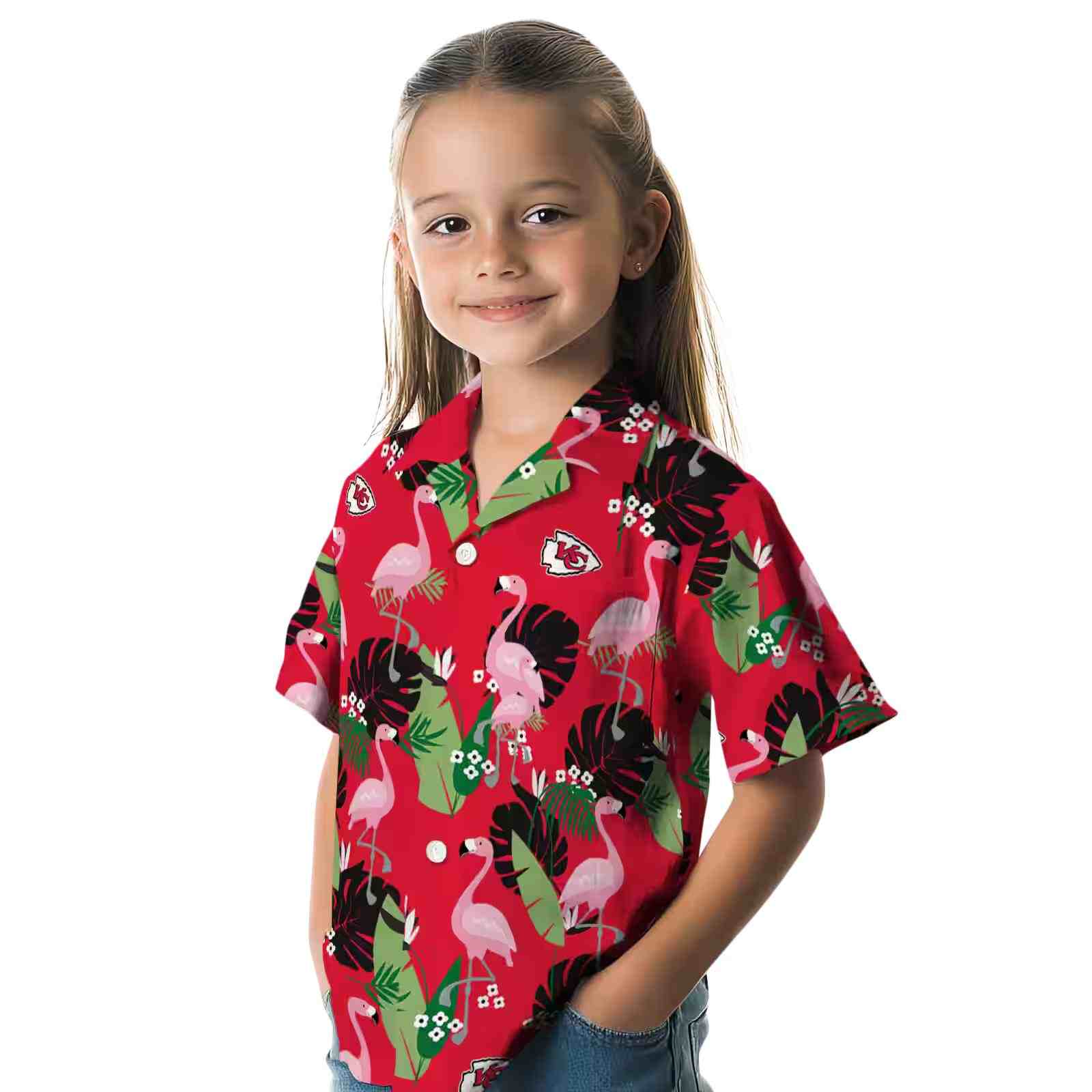 kansas city chiefs flamingo leaf motif red hawaiian shirt premium grade