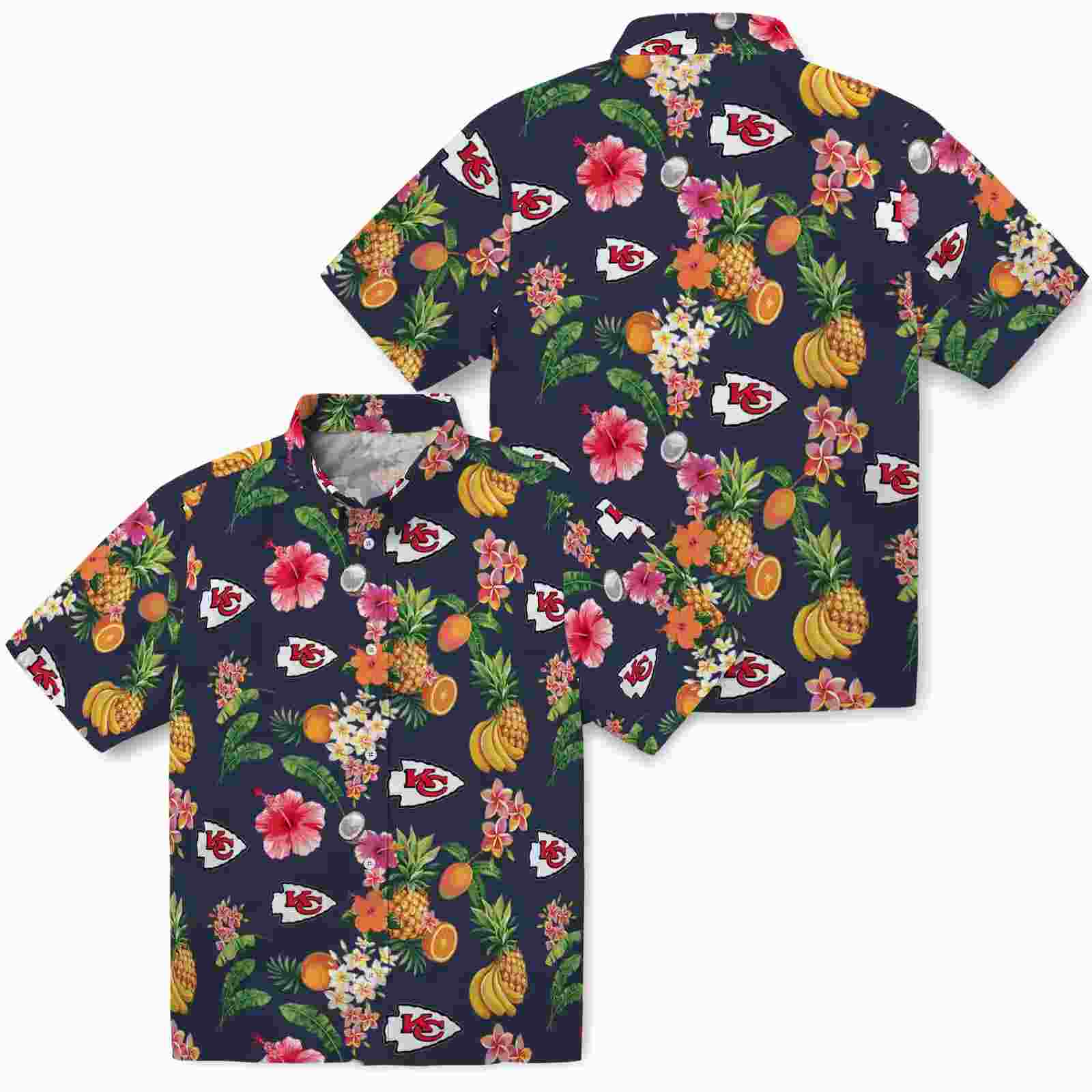 kansas city chiefs hibiscus and fruit navy blue hawaiian shirt high quality