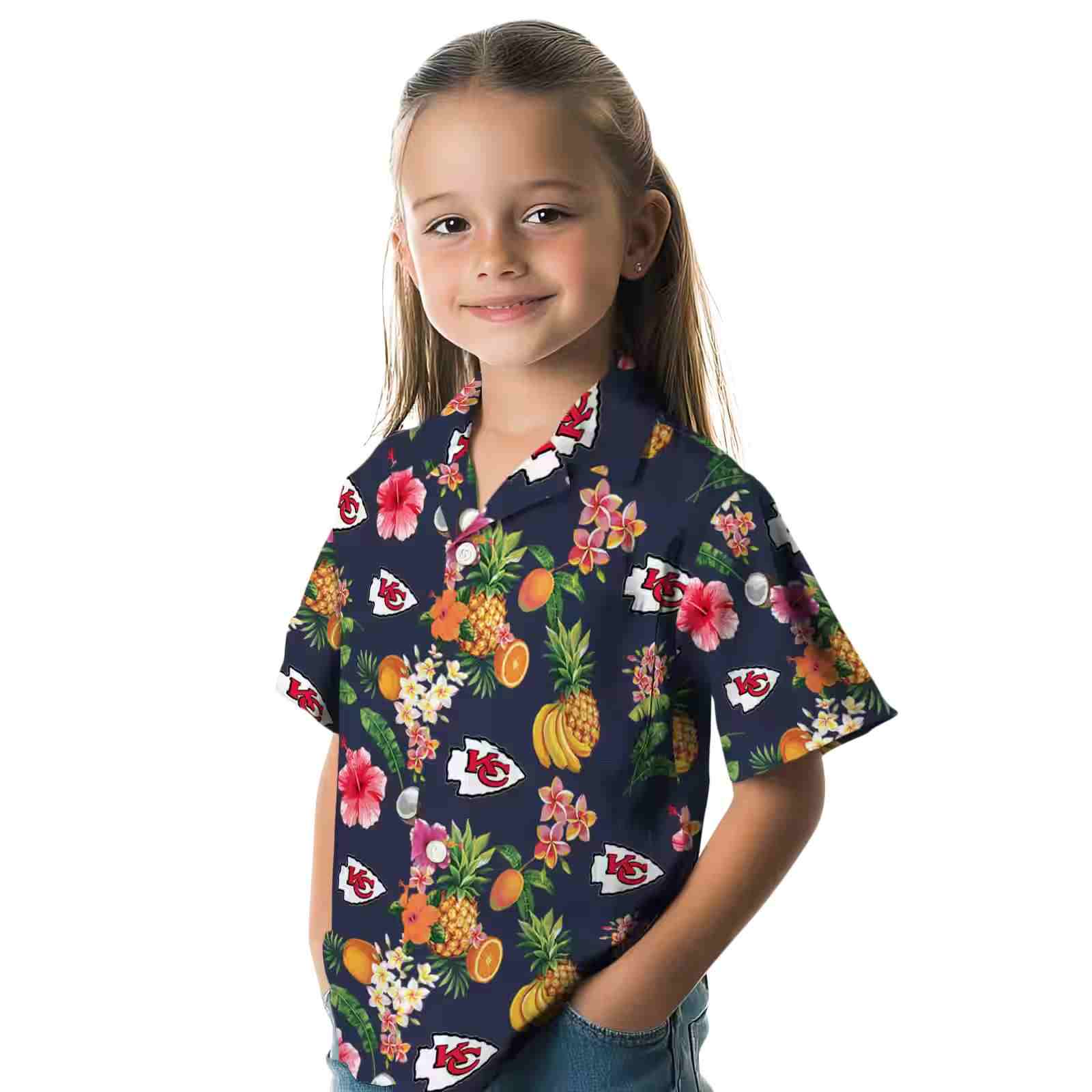 kansas city chiefs hibiscus and fruit navy blue hawaiian shirt premium grade