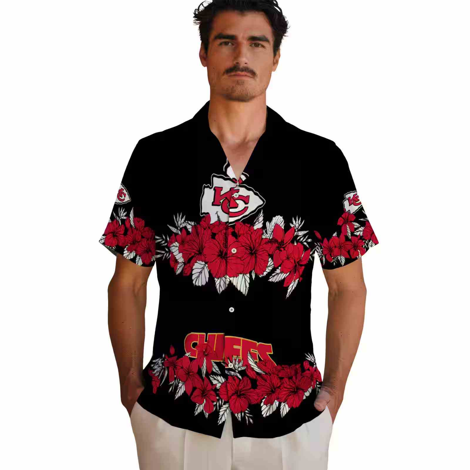 kansas city chiefs hibiscus stripe red black hawaiian shirt fashion forward