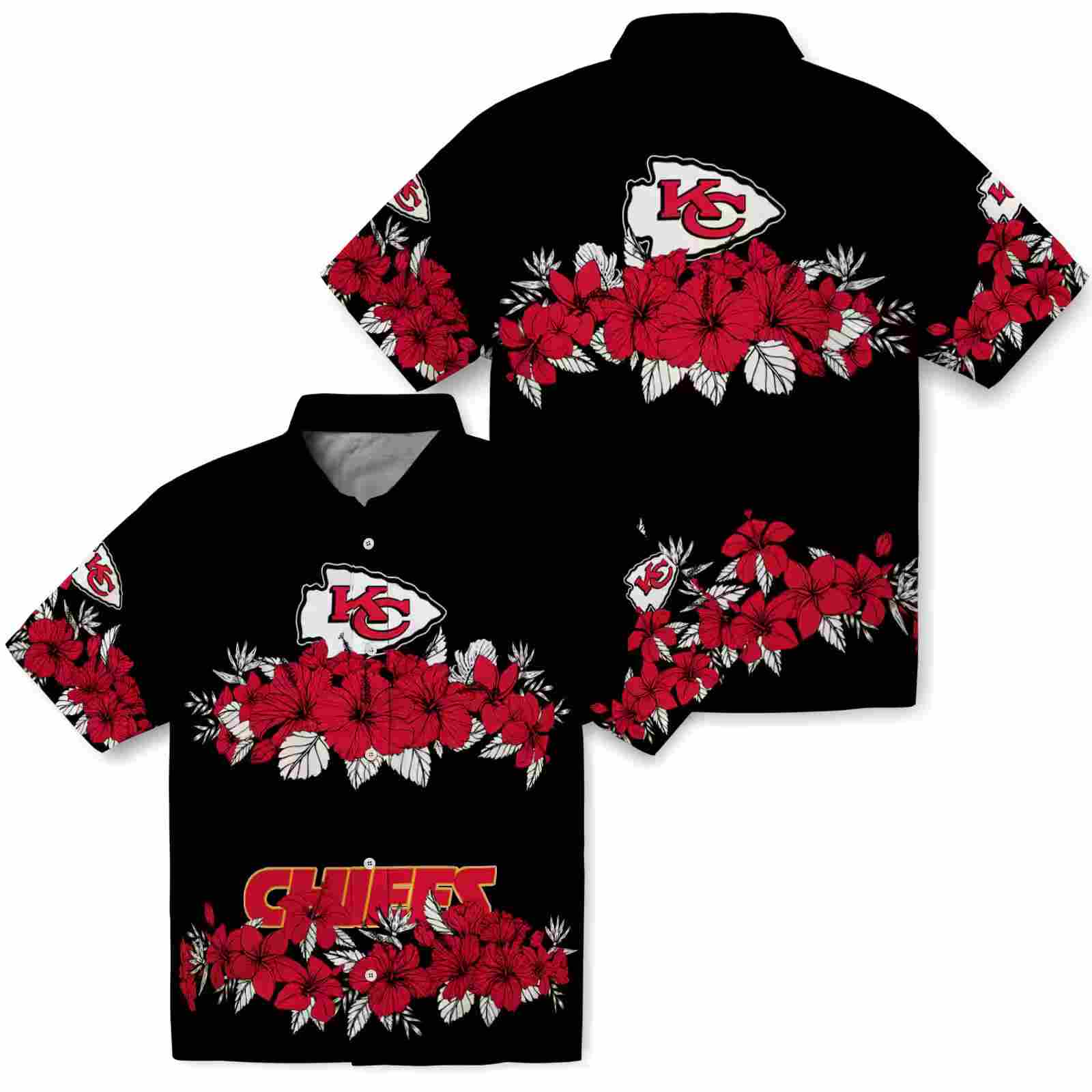 kansas city chiefs hibiscus stripe red black hawaiian shirt high quality