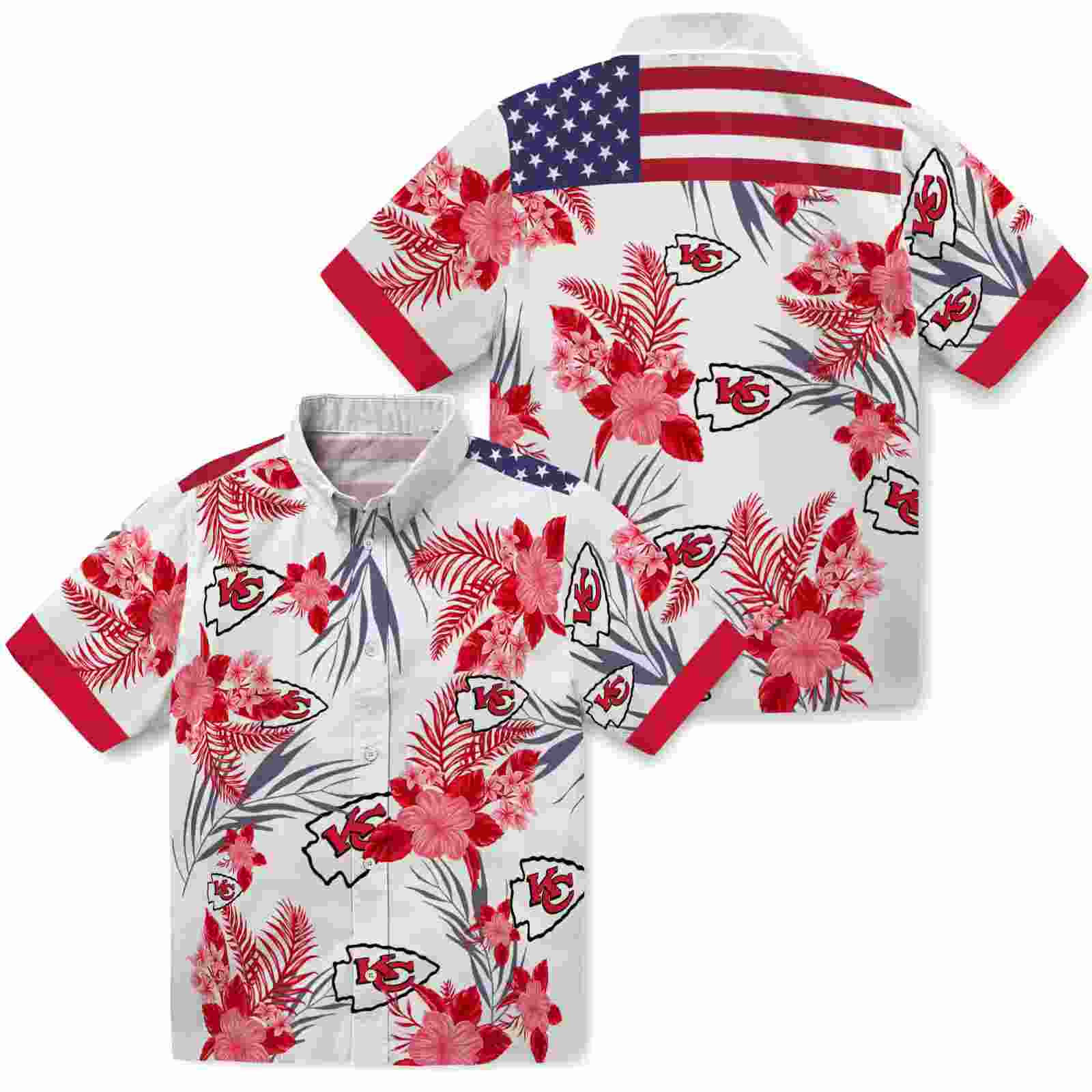 kansas city chiefs patriotic hibiscus design red white hawaiian shirt high quality